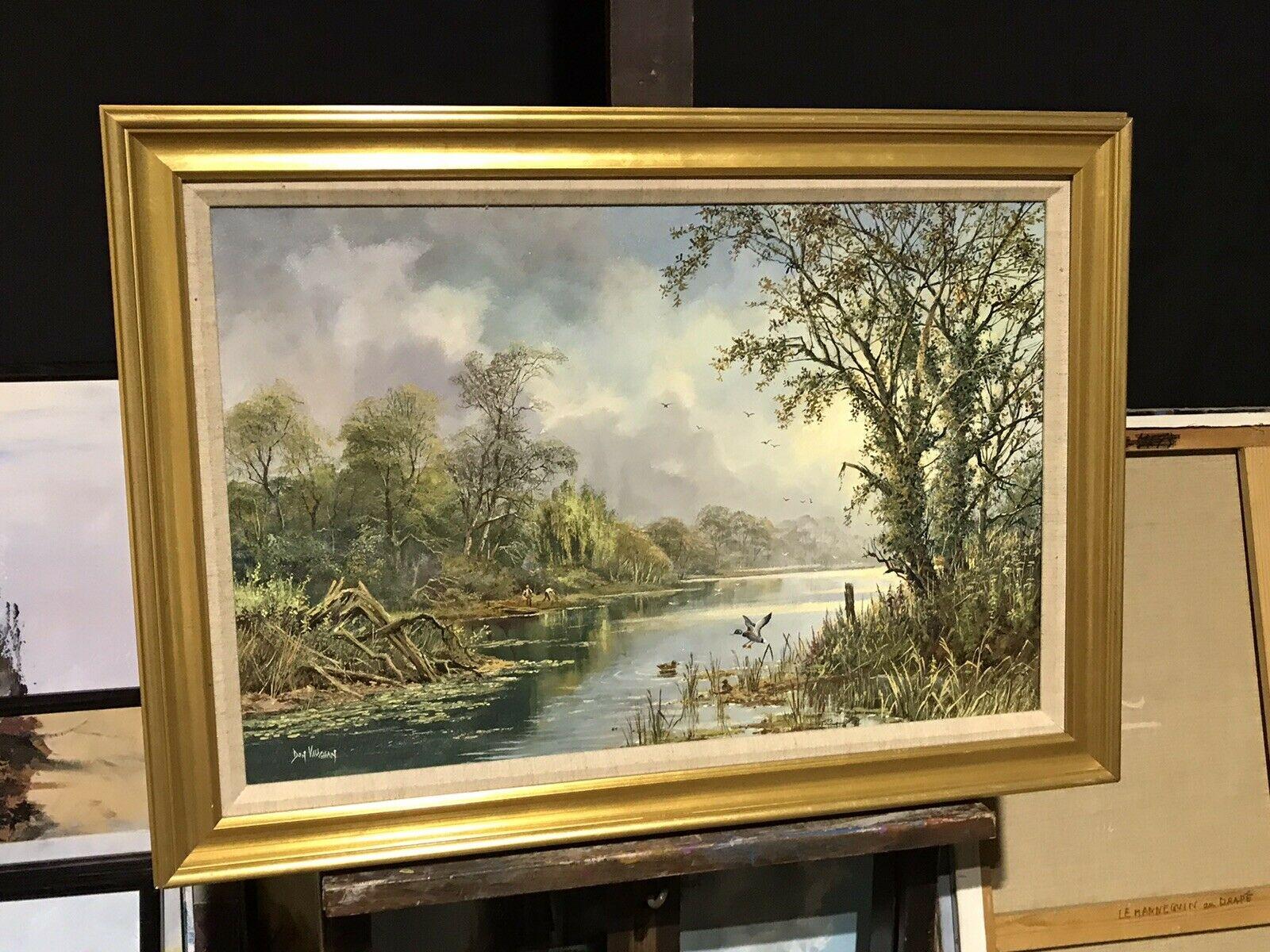 LARGE ORIGINAL ENGLISH OIL TRANQUIL RIVER LANDSCAPE REED CUTTING & DUCKS - Painting by Don Vaughan