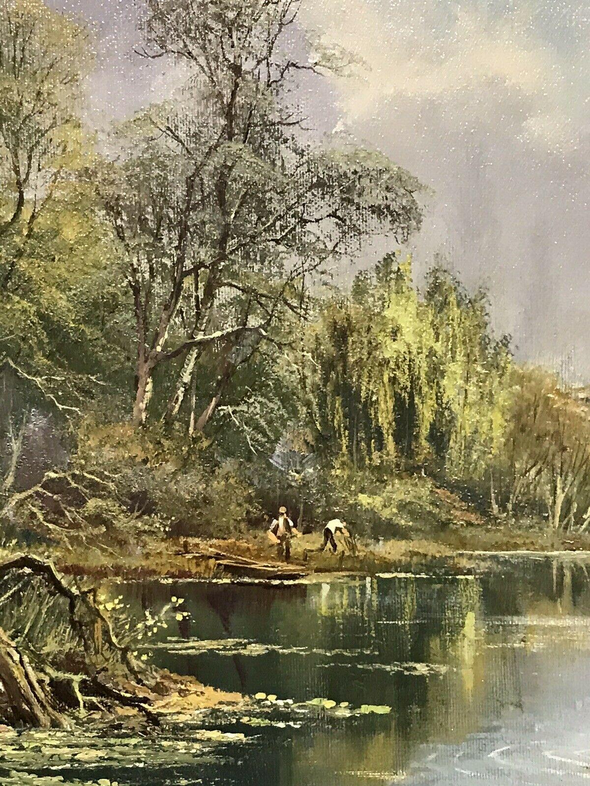 LARGE ORIGINAL ENGLISH OIL TRANQUIL RIVER LANDSCAPE REED CUTTING & DUCKS - Impressionist Painting by Don Vaughan