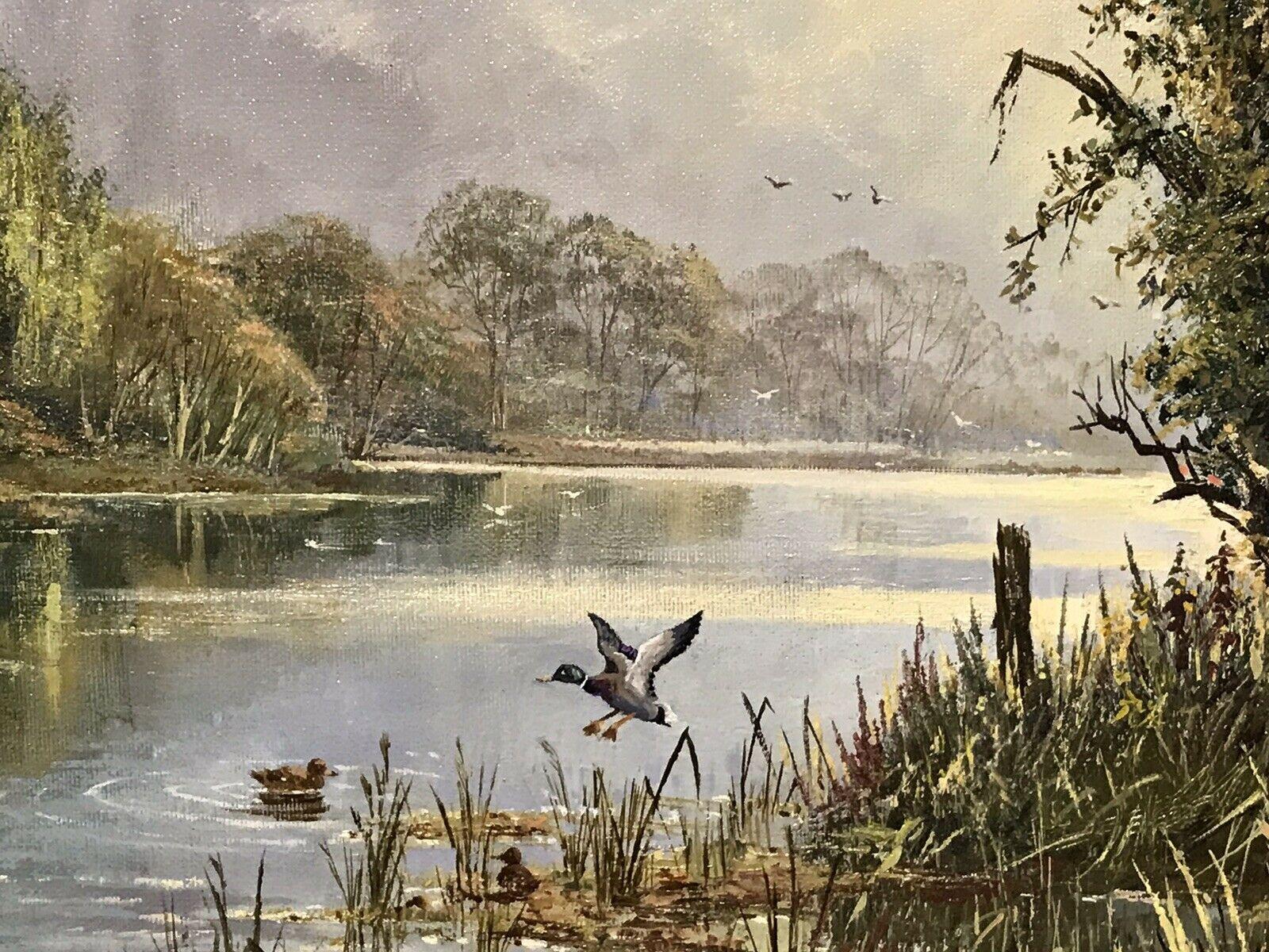 LARGE ORIGINAL ENGLISH OIL TRANQUIL RIVER LANDSCAPE REED CUTTING & DUCKS - Brown Landscape Painting by Don Vaughan