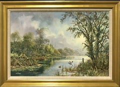 LARGE ORIGINAL ENGLISH OIL TRANQUIL RIVER LANDSCAPE REED CUTTING & DUCKS