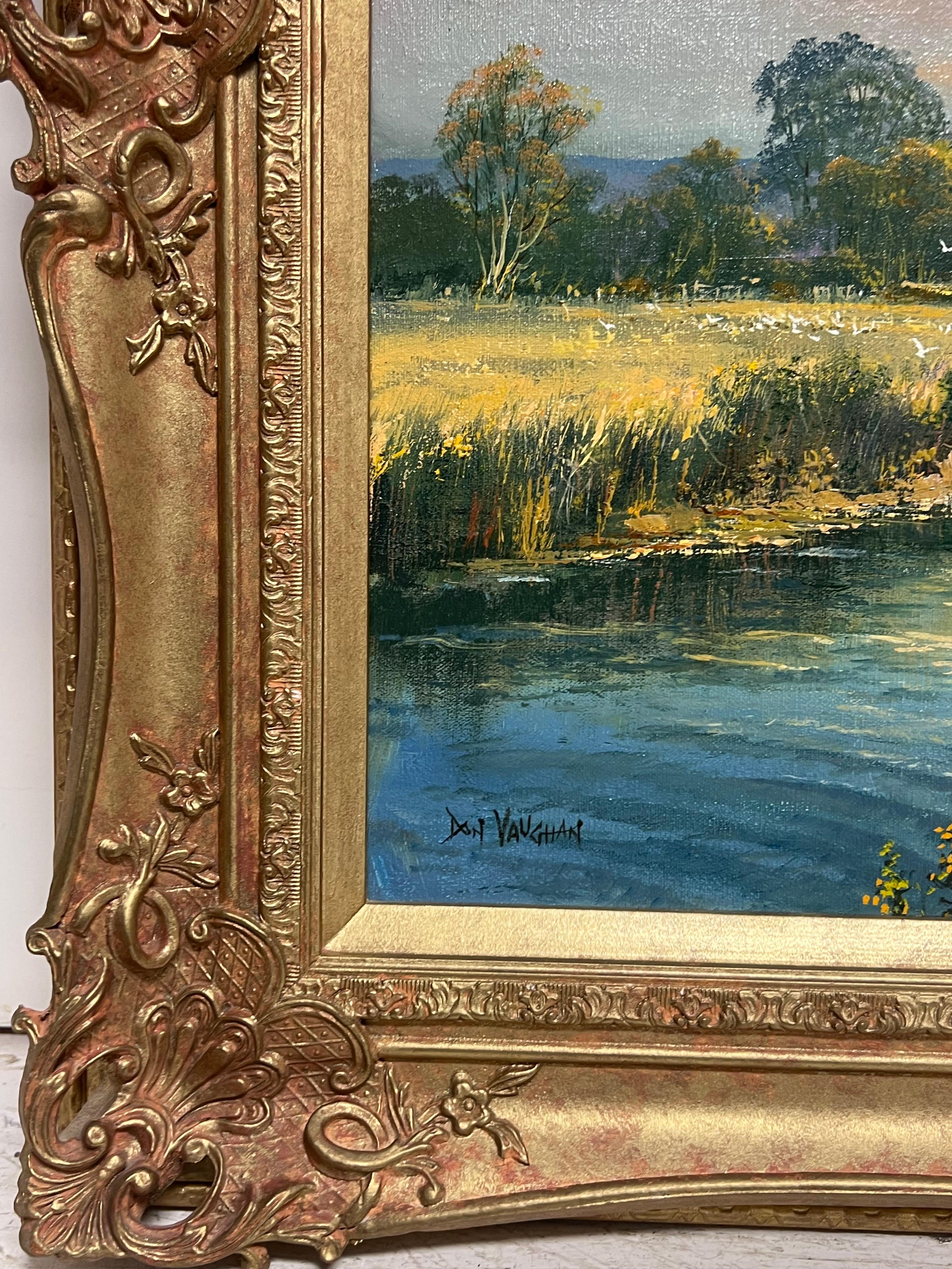 Large Traditional English Summer Pastoral Cattle River Landscape Ölgemälde im Angebot 6