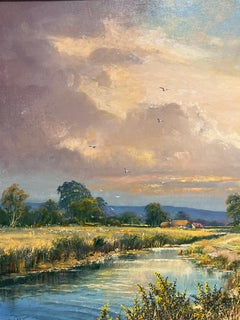 Gran pintura al óleo tradicional inglesa Pastoral de verano Paisaje fluvial ganadero
