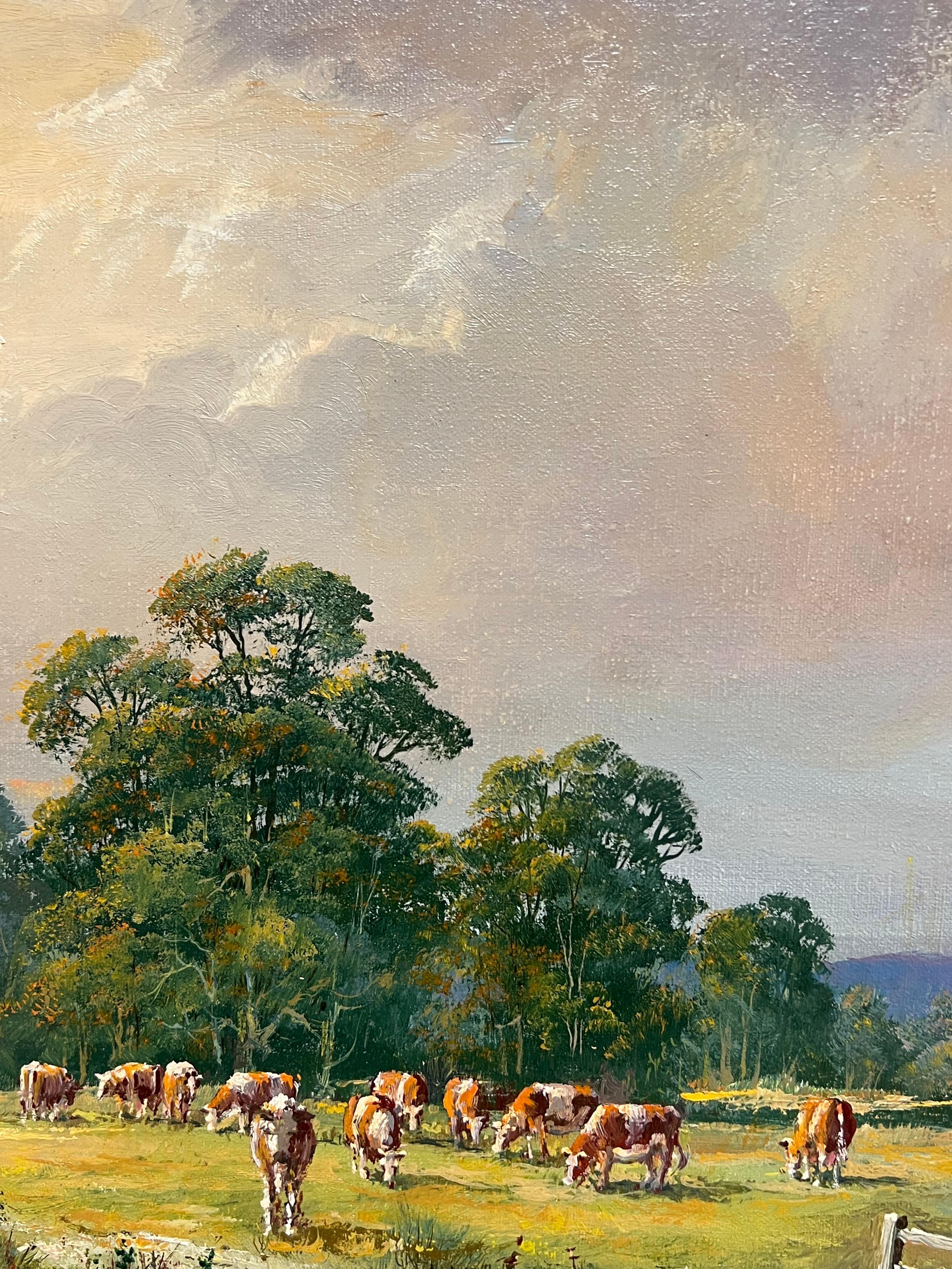 Large Traditional English Summer Pastoral Cattle River Landscape Ölgemälde (Braun), Animal Painting, von Don Vaughan