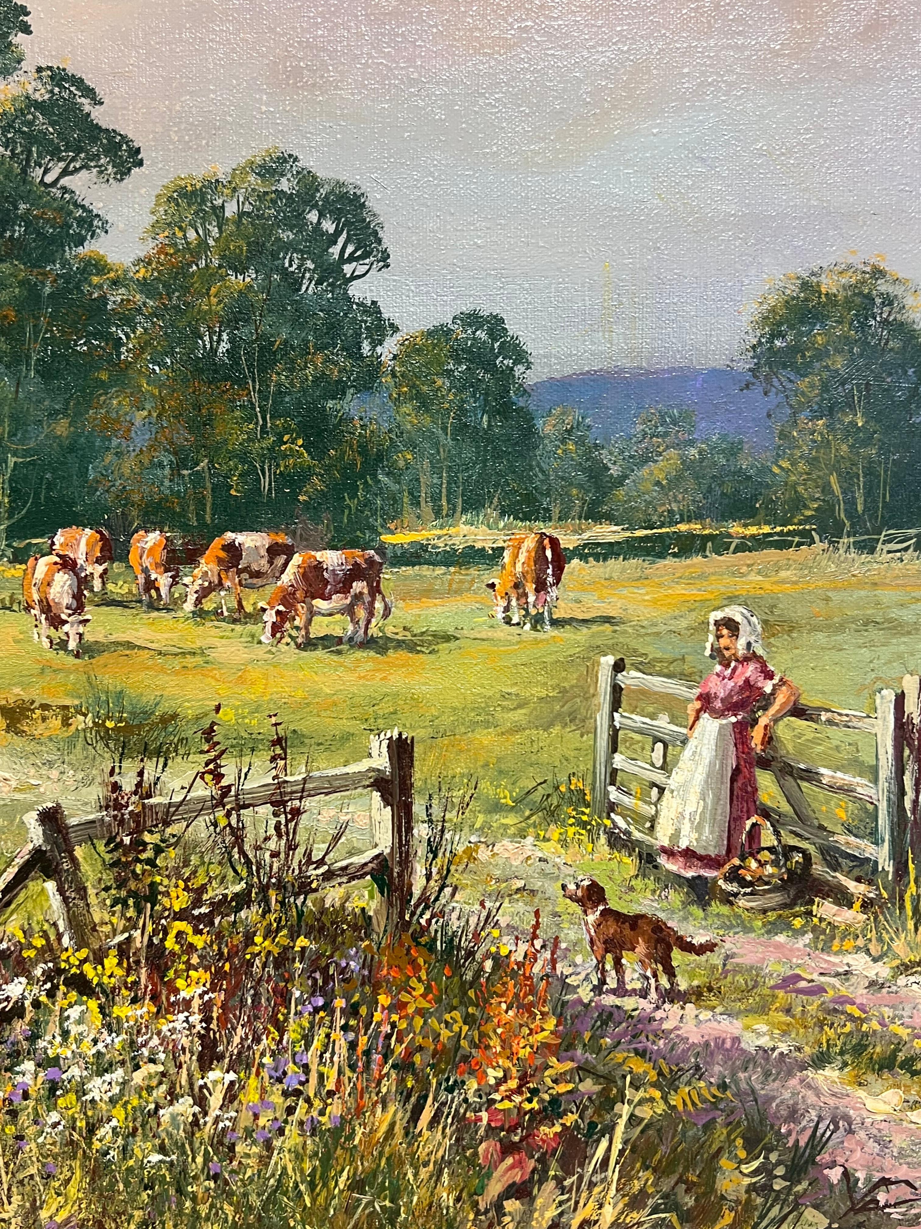 Large Traditional English Summer Pastoral Cattle River Landscape Ölgemälde im Angebot 1