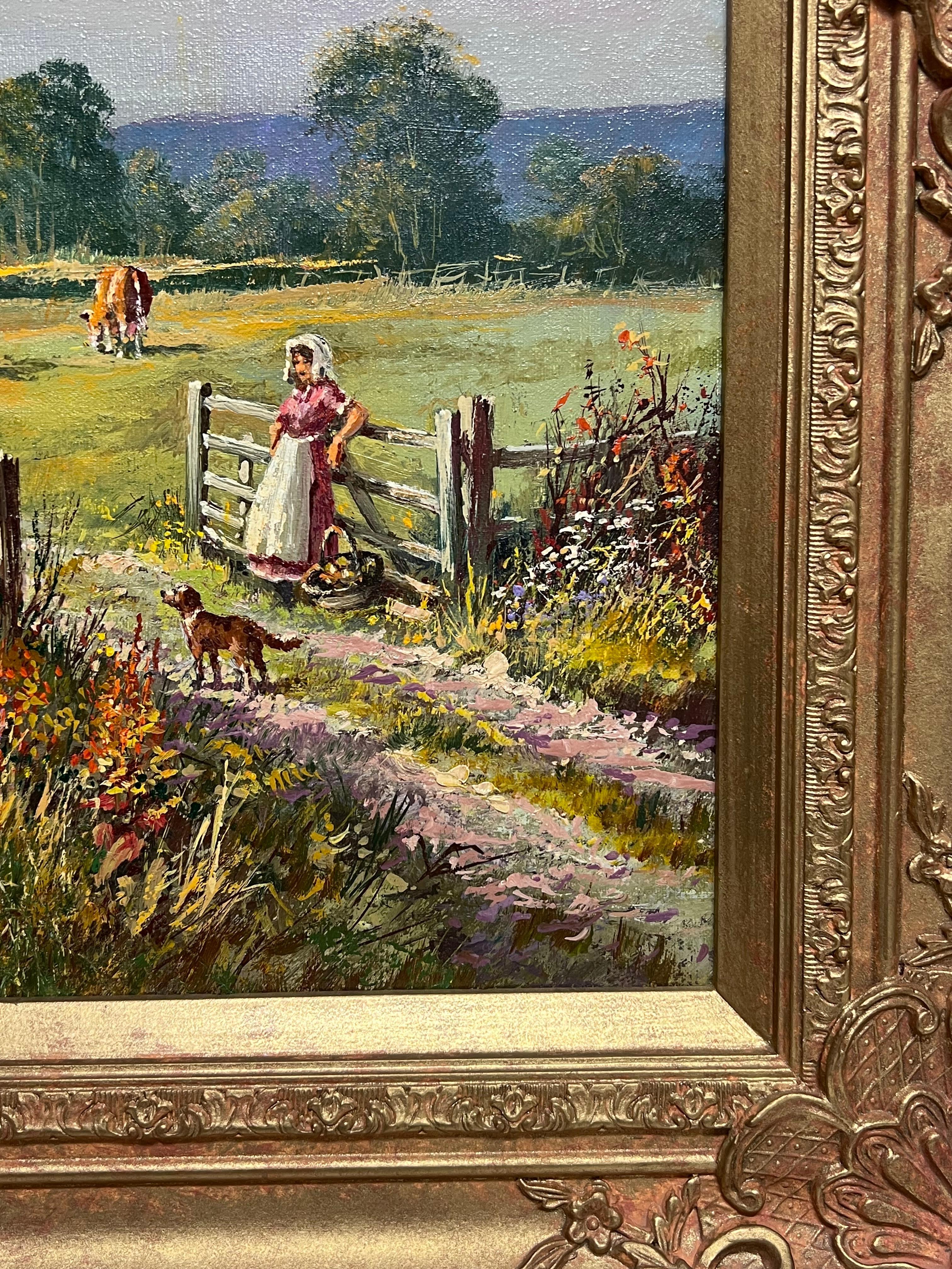 Large Traditional English Summer Pastoral Cattle River Landscape Ölgemälde im Angebot 2