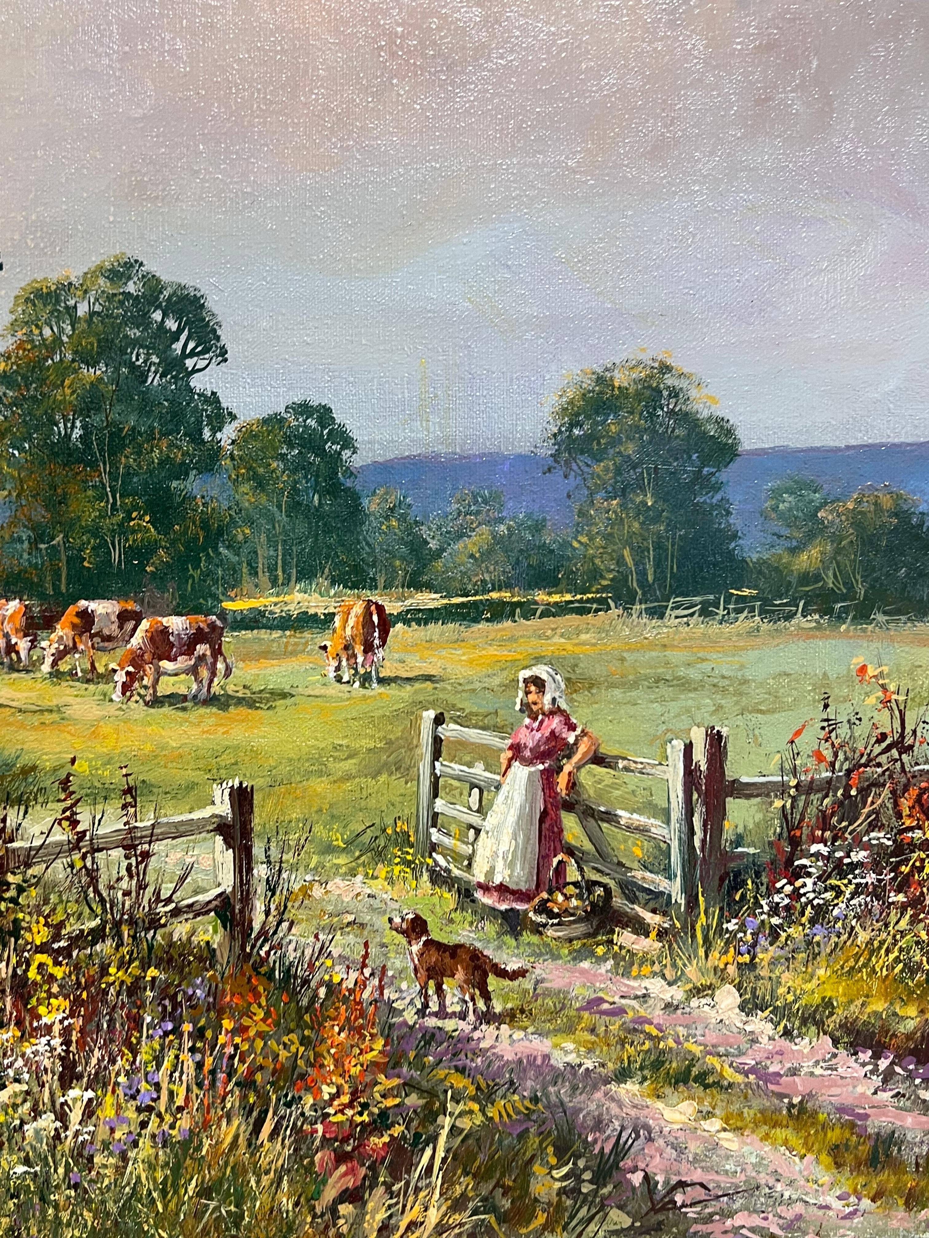 Large Traditional English Summer Pastoral Cattle River Landscape Ölgemälde im Angebot 3