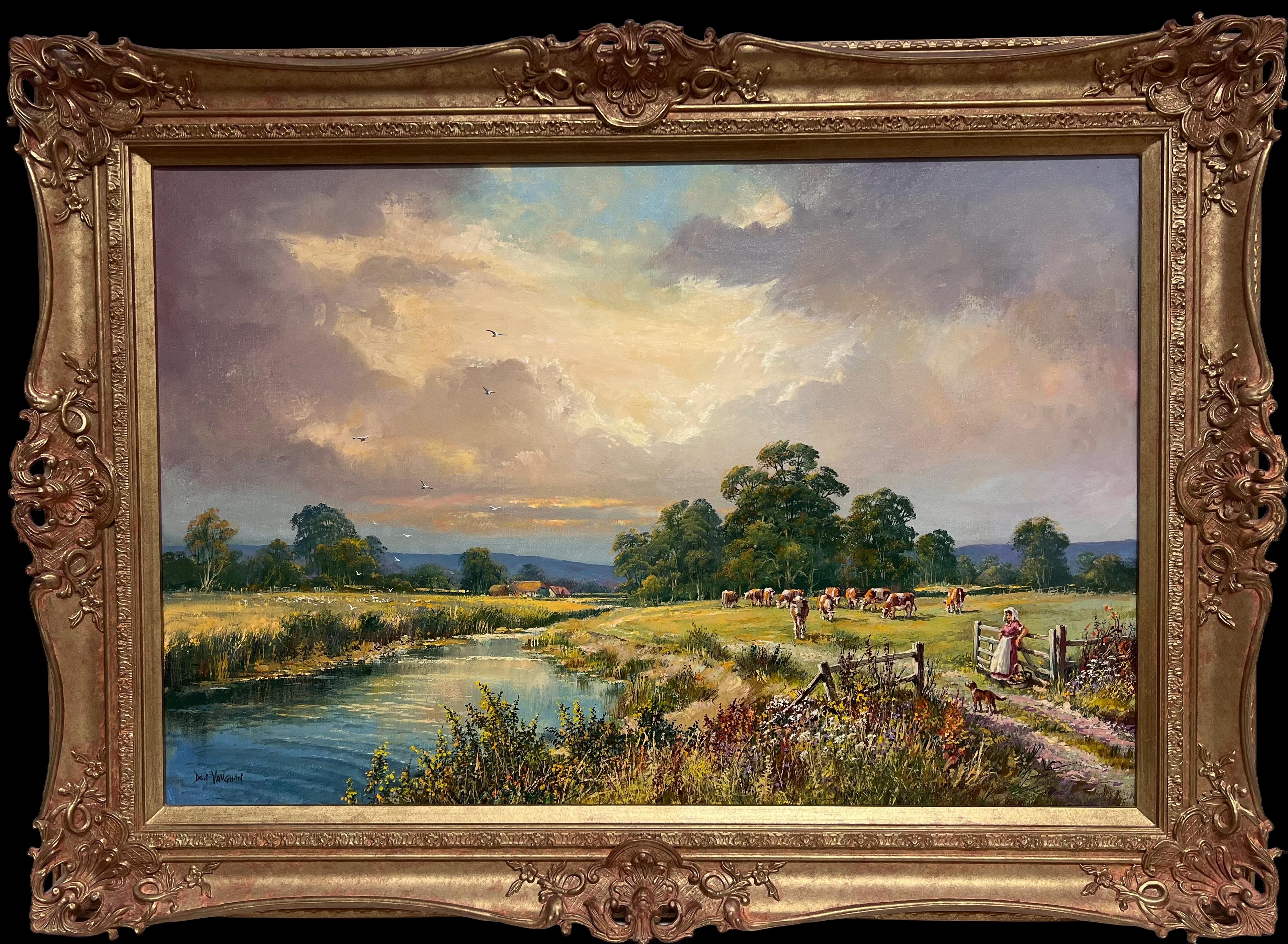 Large Traditional English Summer Pastoral Cattle River Landscape Ölgemälde