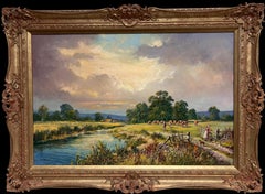 Large Traditional English Summer Pastoral Cattle River Landscape Ölgemälde