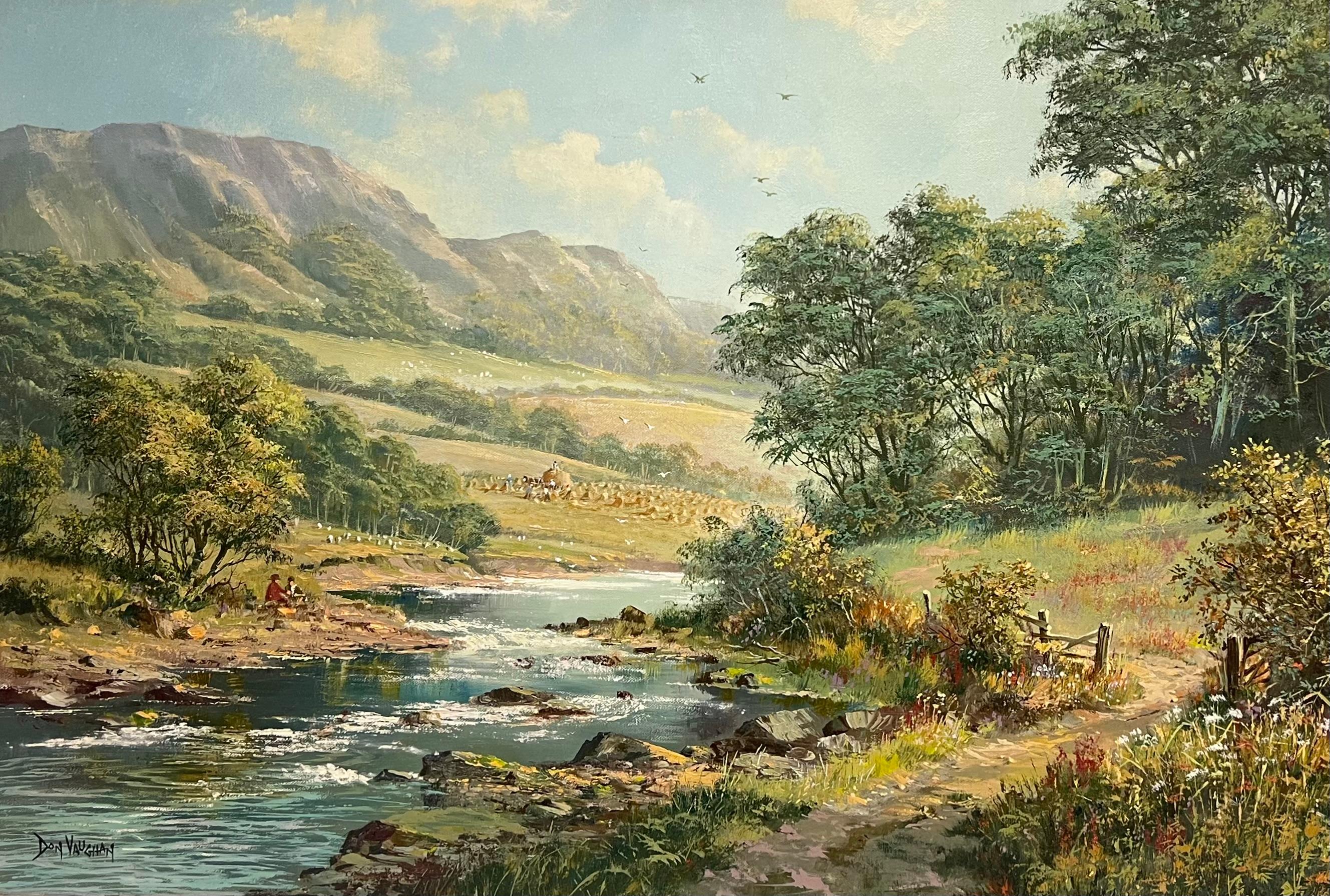 Large Traditional English Summer River Landscape Oil Painting Harvest & Picnic For Sale 7