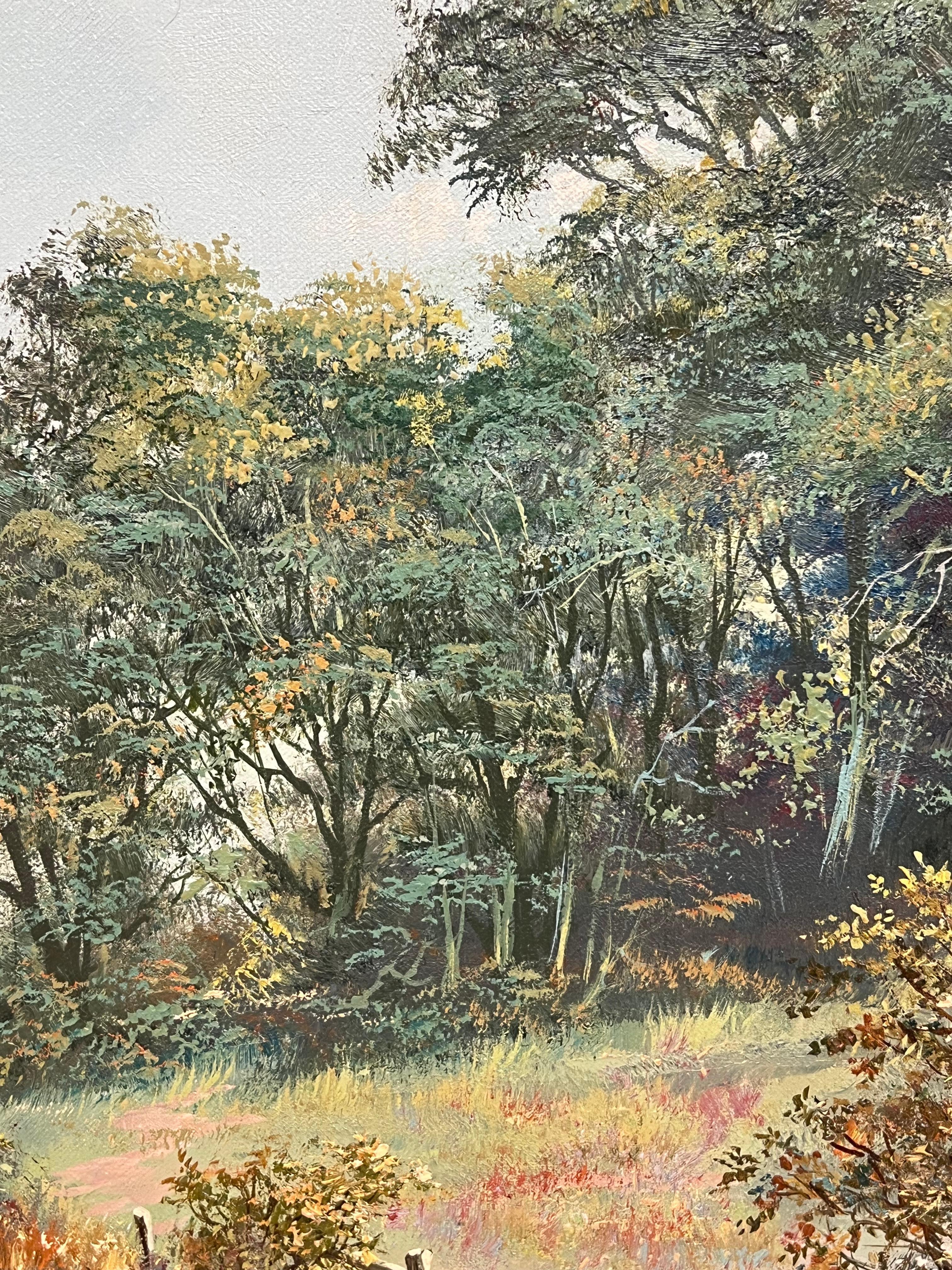 Large Traditional English Summer River Landscape Oil Painting Harvest & Picnic For Sale 8