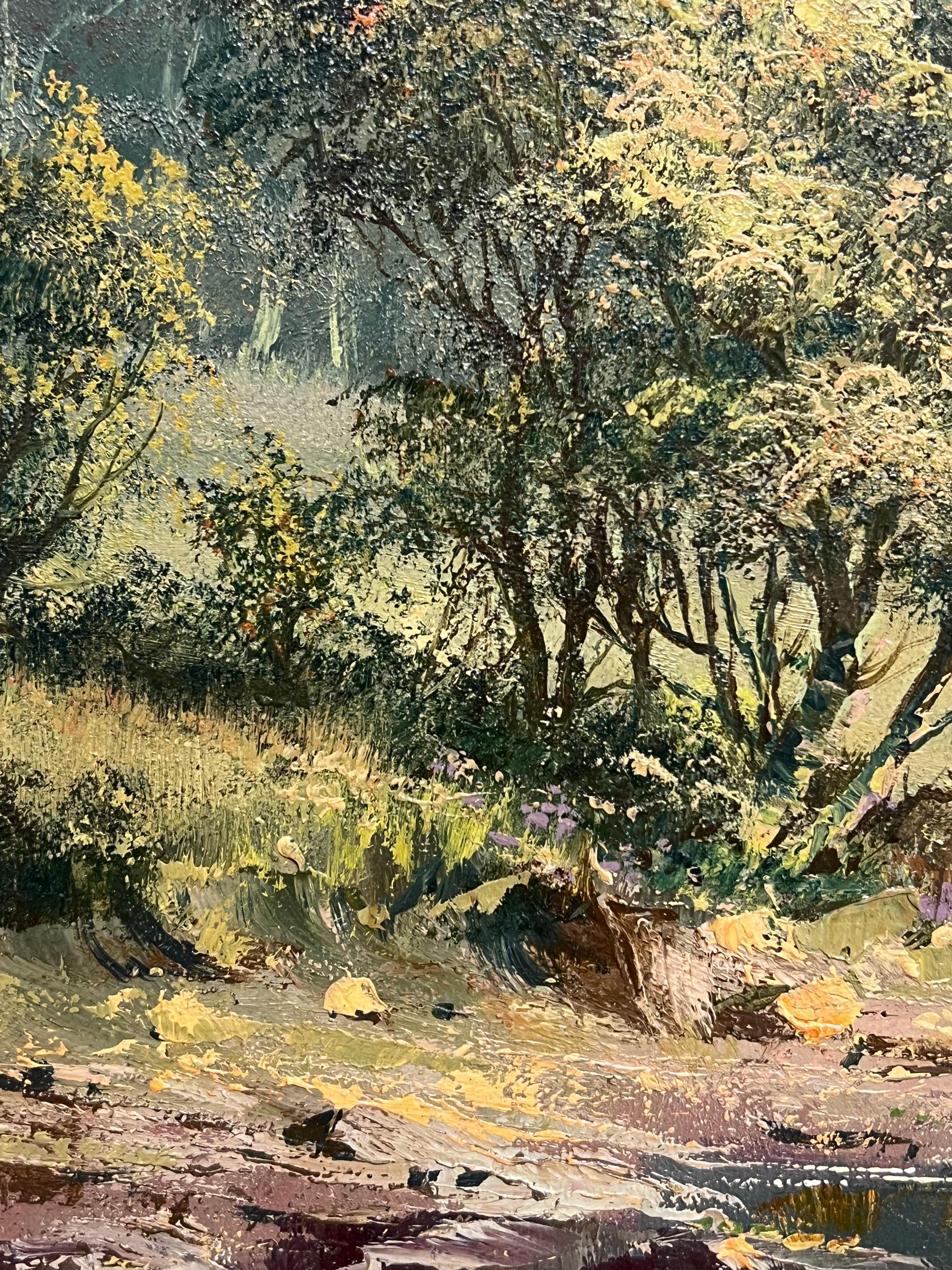 Large Traditional English Summer River Landscape Oil Painting Harvest & Picnic For Sale 11