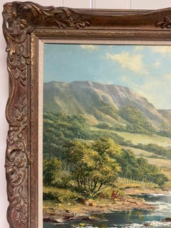 Gran pintura al óleo tradicional inglesa de paisaje fluvial de verano Cosecha y picnic