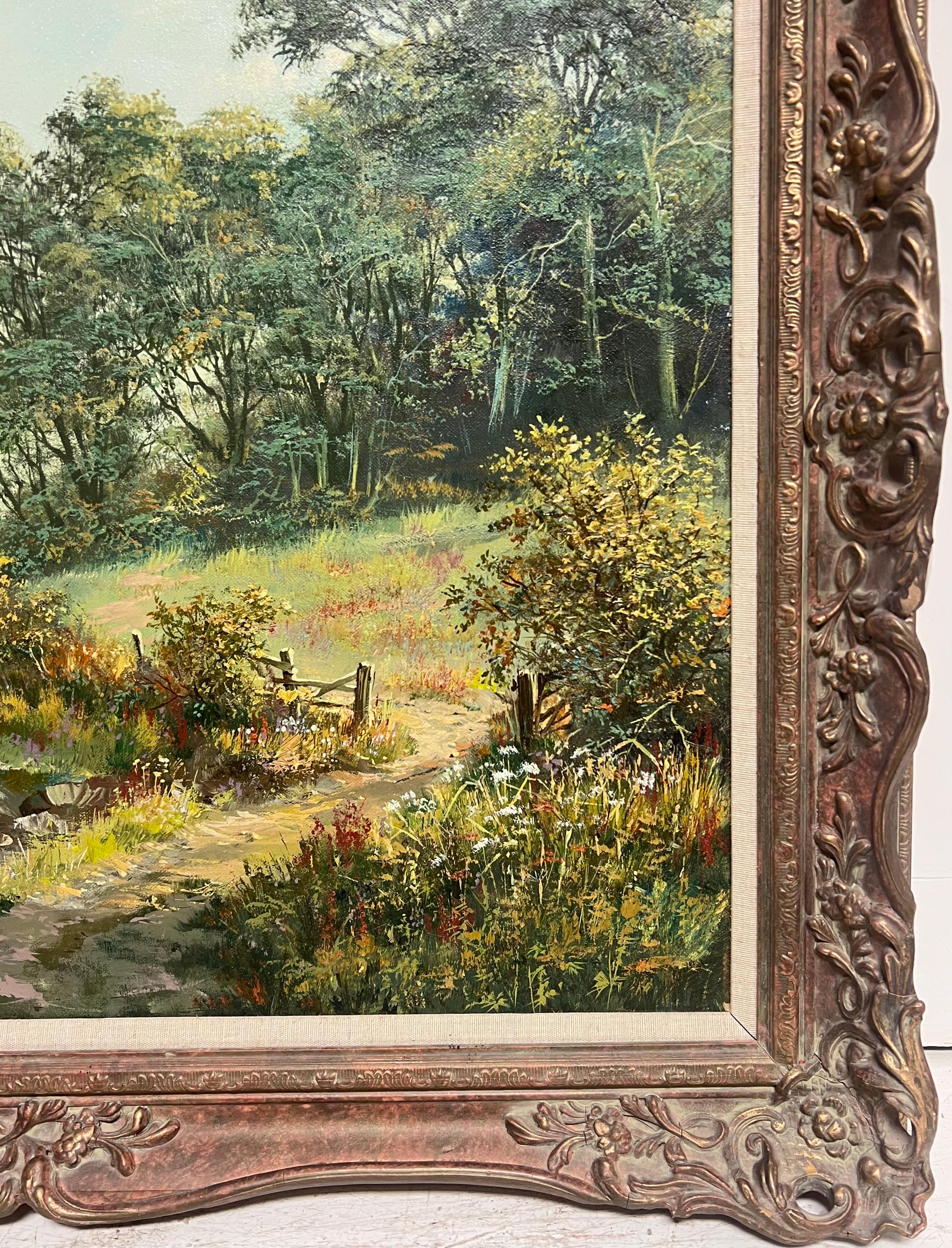 Large Traditional English Summer River Landscape Oil Painting Harvest & Picnic For Sale 1