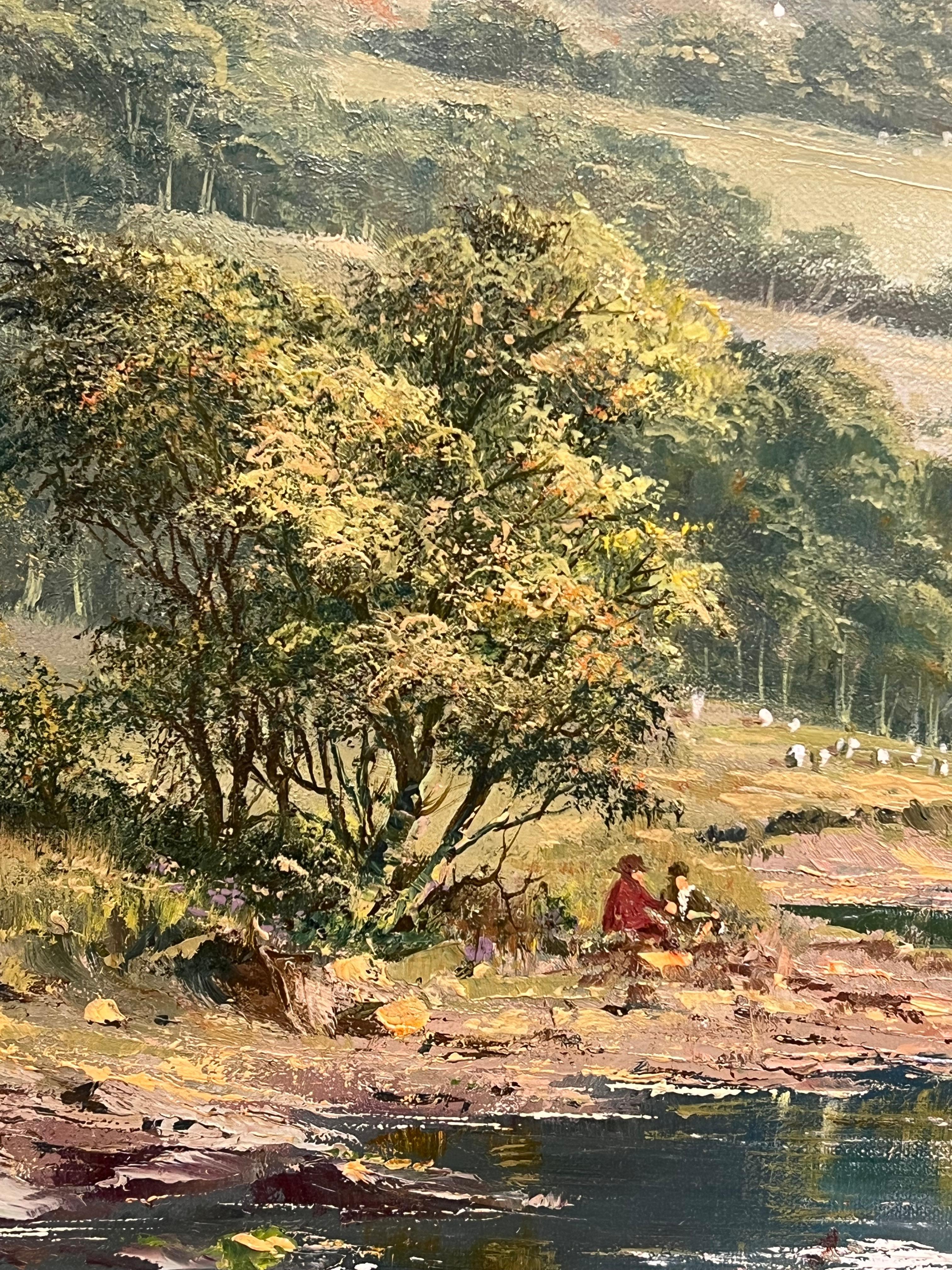 Large Traditional English Summer River Landscape Oil Painting Harvest & Picnic For Sale 3
