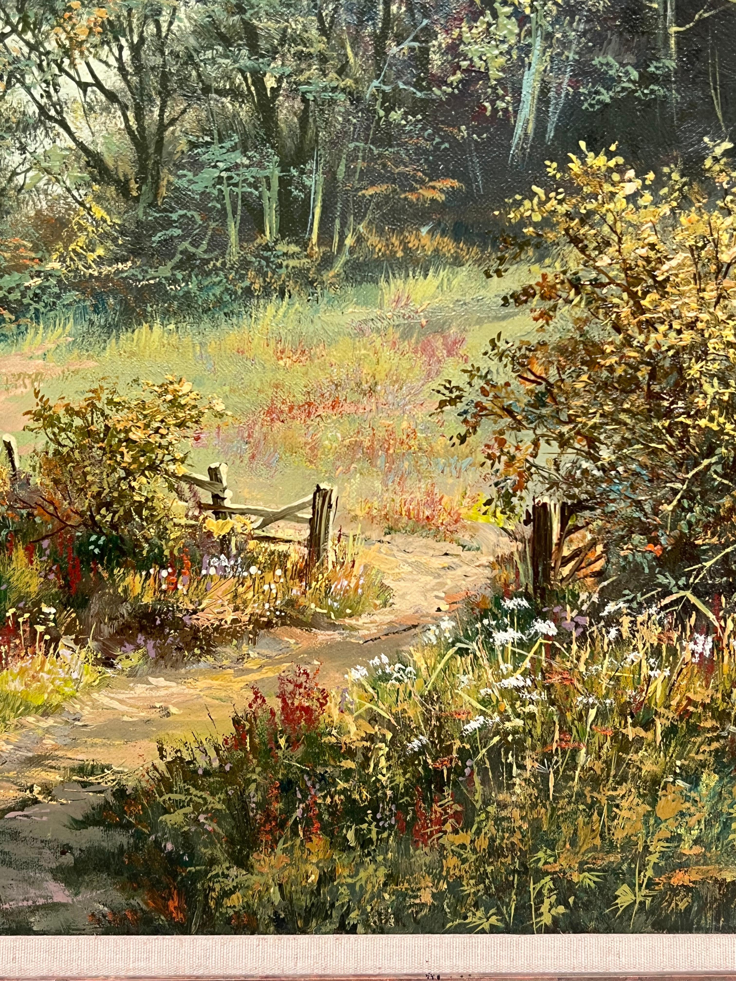 Large Traditional English Summer River Landscape Oil Painting Harvest & Picnic For Sale 6