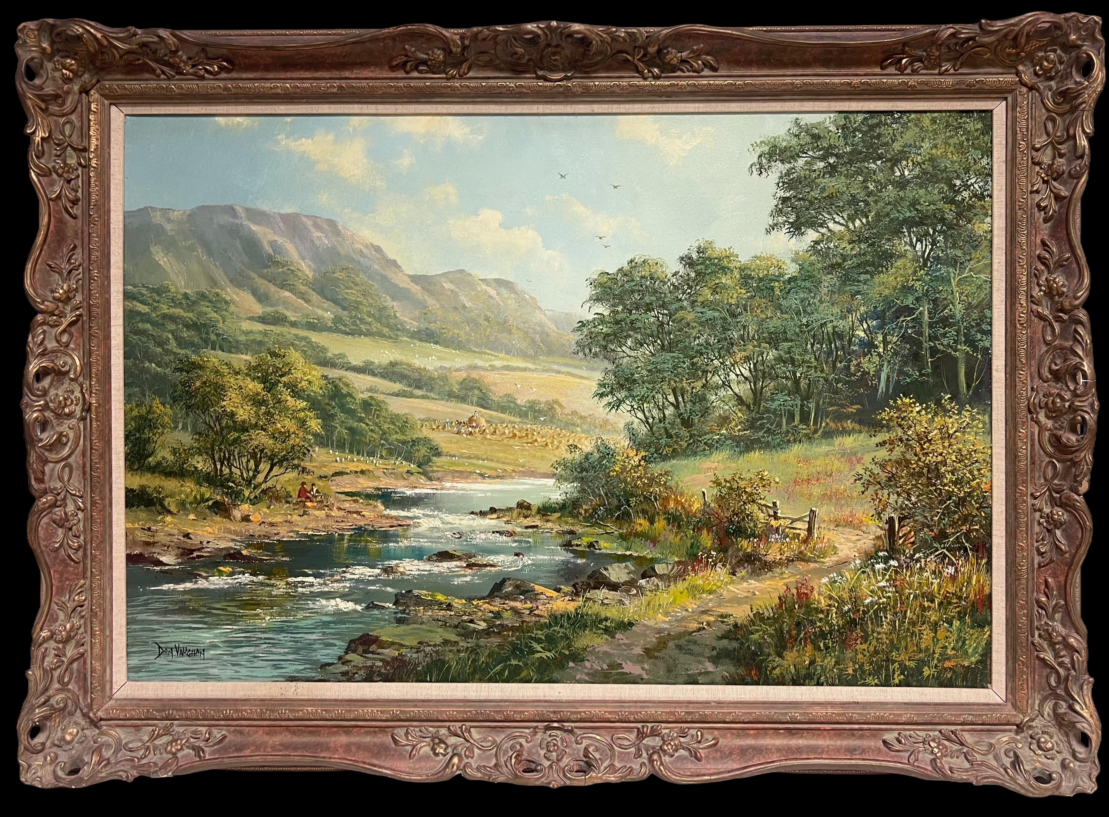 Large Traditional English Summer River Landscape Oil Painting Harvest & Picnic