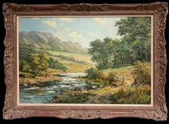 Large Traditional English Summer River Landscape Oil Painting Harvest & Picnic