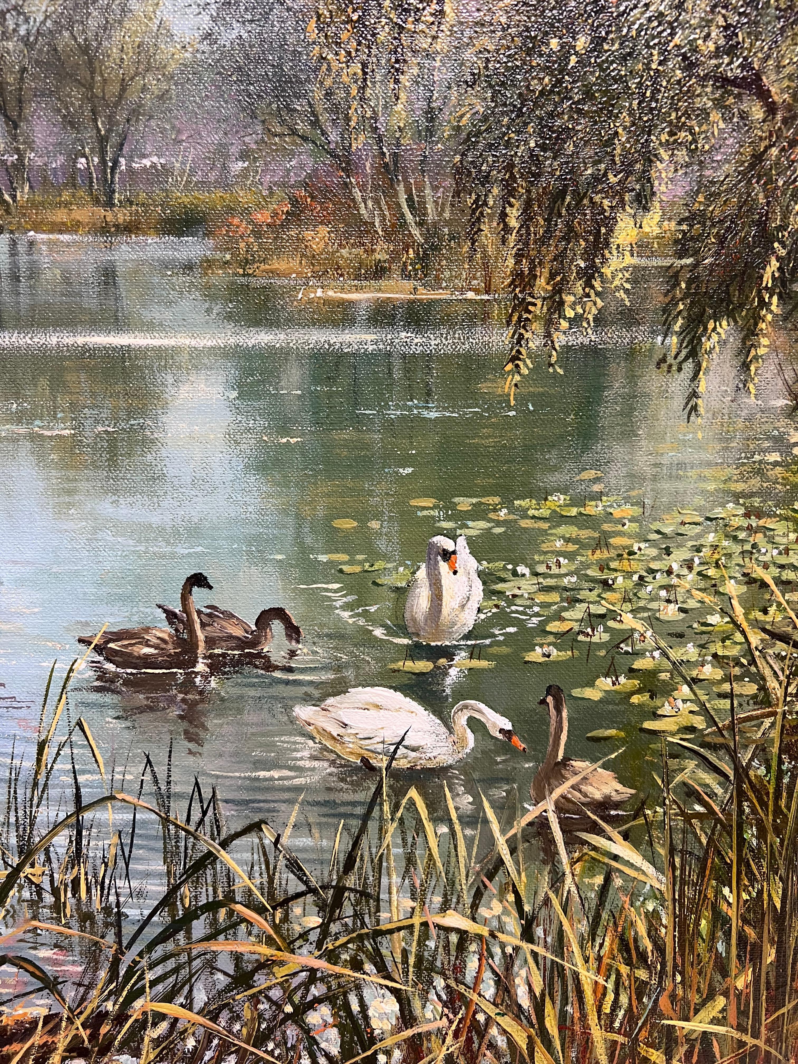 Große traditionelle englische Sommer Flusslandschaft Ölgemälde Schwäne Cygnets im Angebot 6