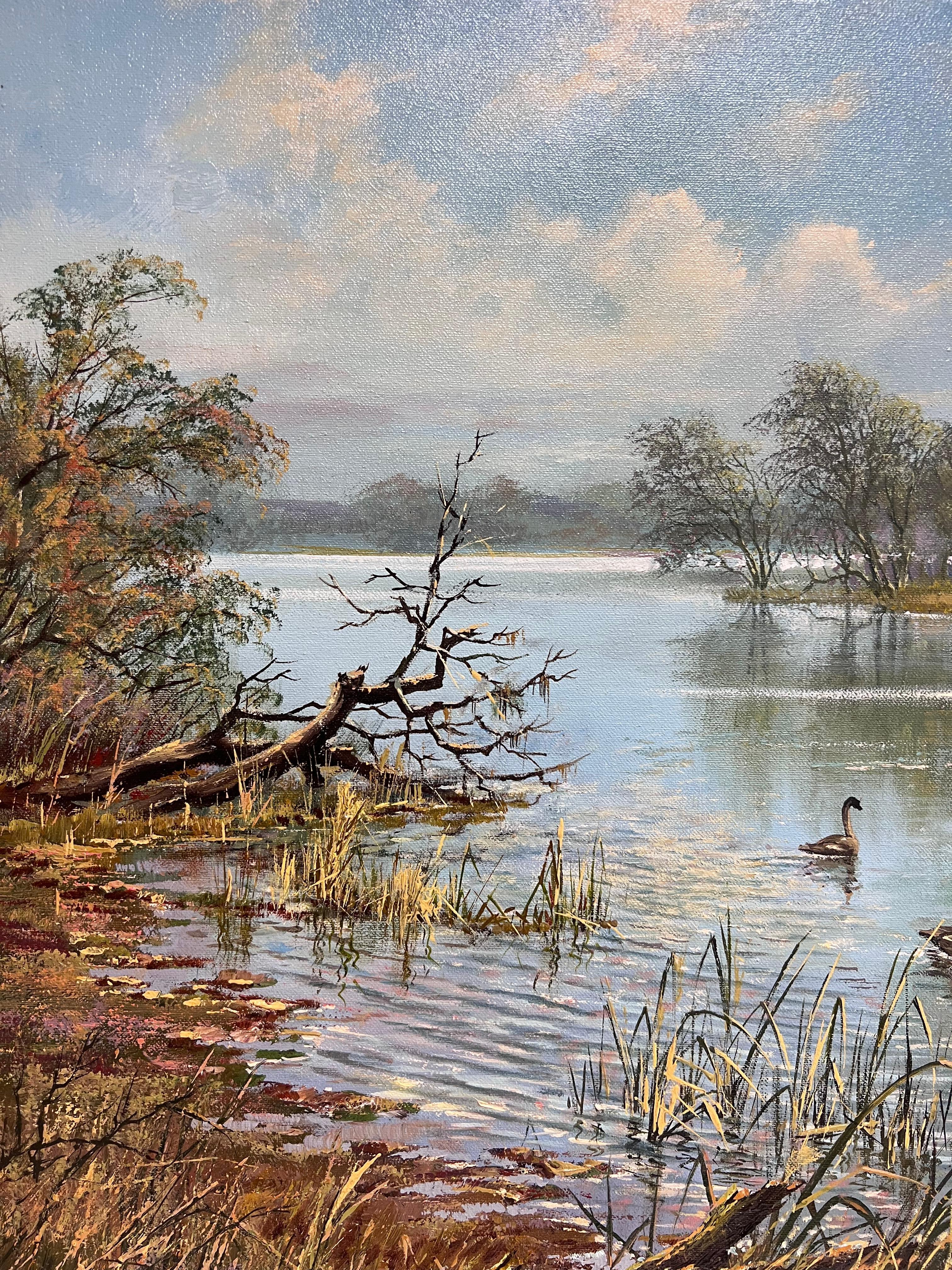 Große traditionelle englische Sommer Flusslandschaft Ölgemälde Schwäne Cygnets im Angebot 7