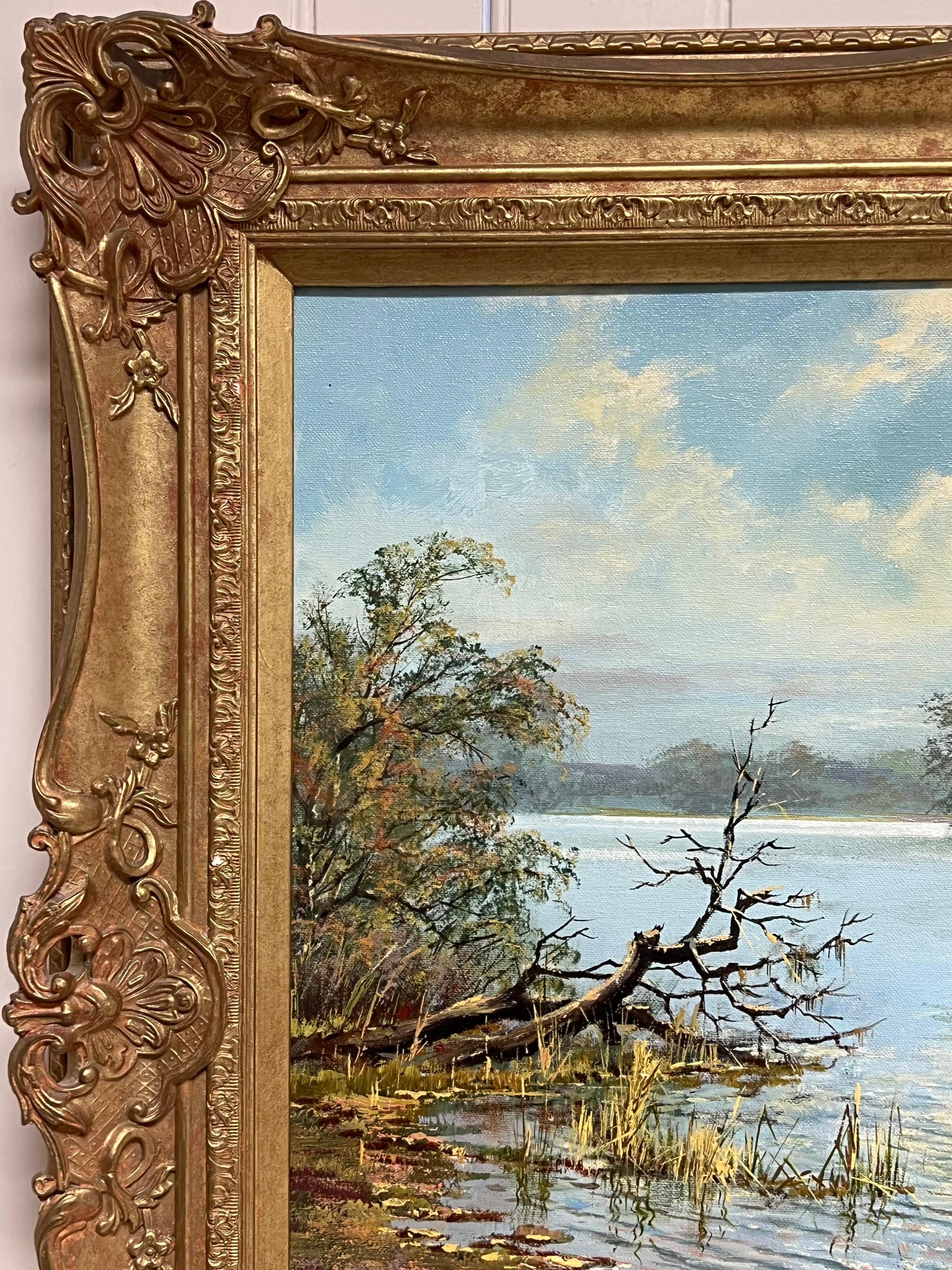 Große traditionelle englische Sommer Flusslandschaft Ölgemälde Schwäne Cygnets (Englische Schule), Painting, von Don Vaughan
