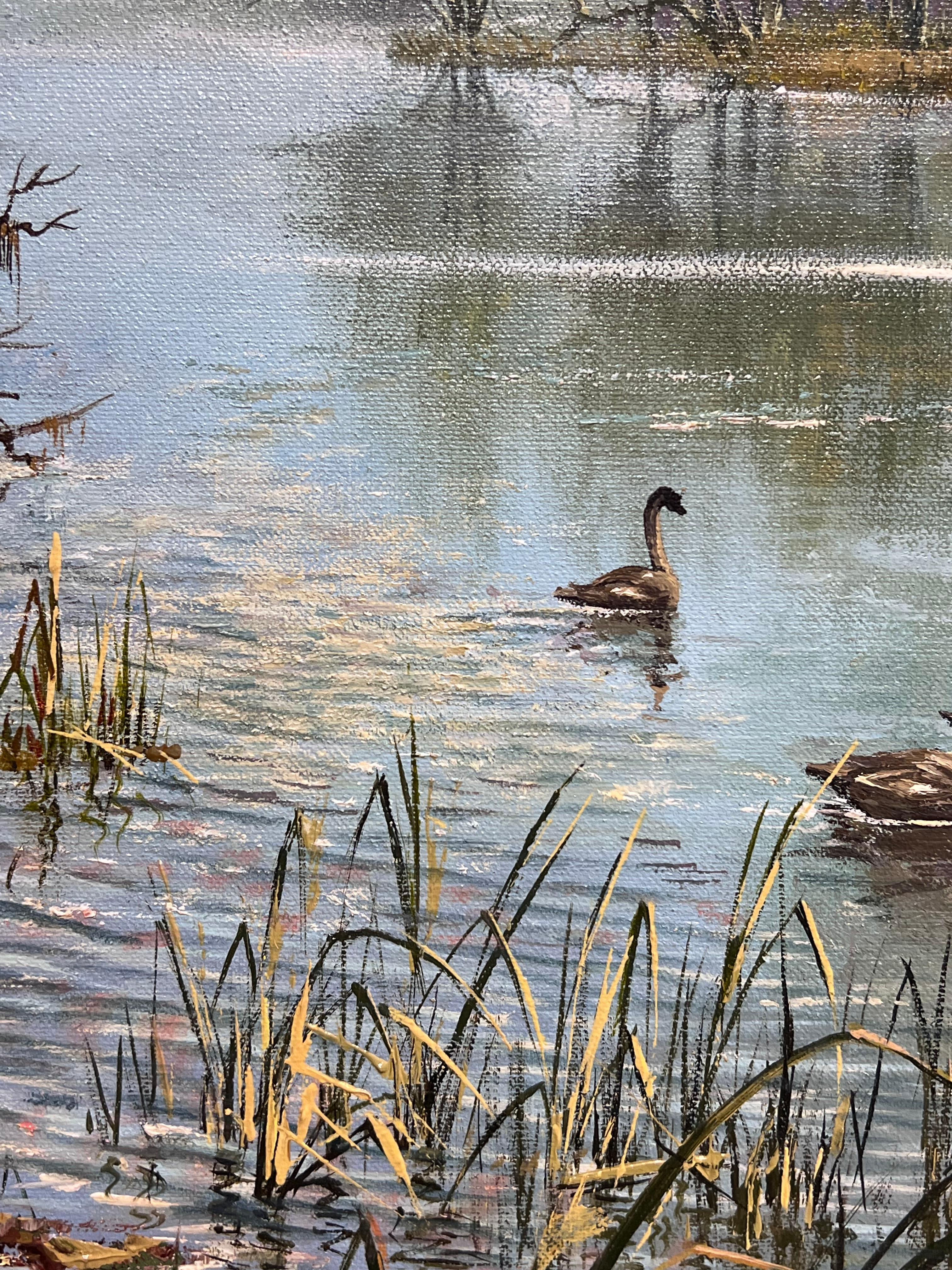 Beschauliche Flusslandschaft
von Don Vaughan (britisch, 20. Jahrhundert)
signiertes Öl auf Leinwand, gerahmt
Gerahmt: 26 x 36 Zoll
Leinwand : 21 x 30 Zoll
Provenienz: Privatsammlung, Surrey, England
Condit: sehr guter Zustand

Für weitere
