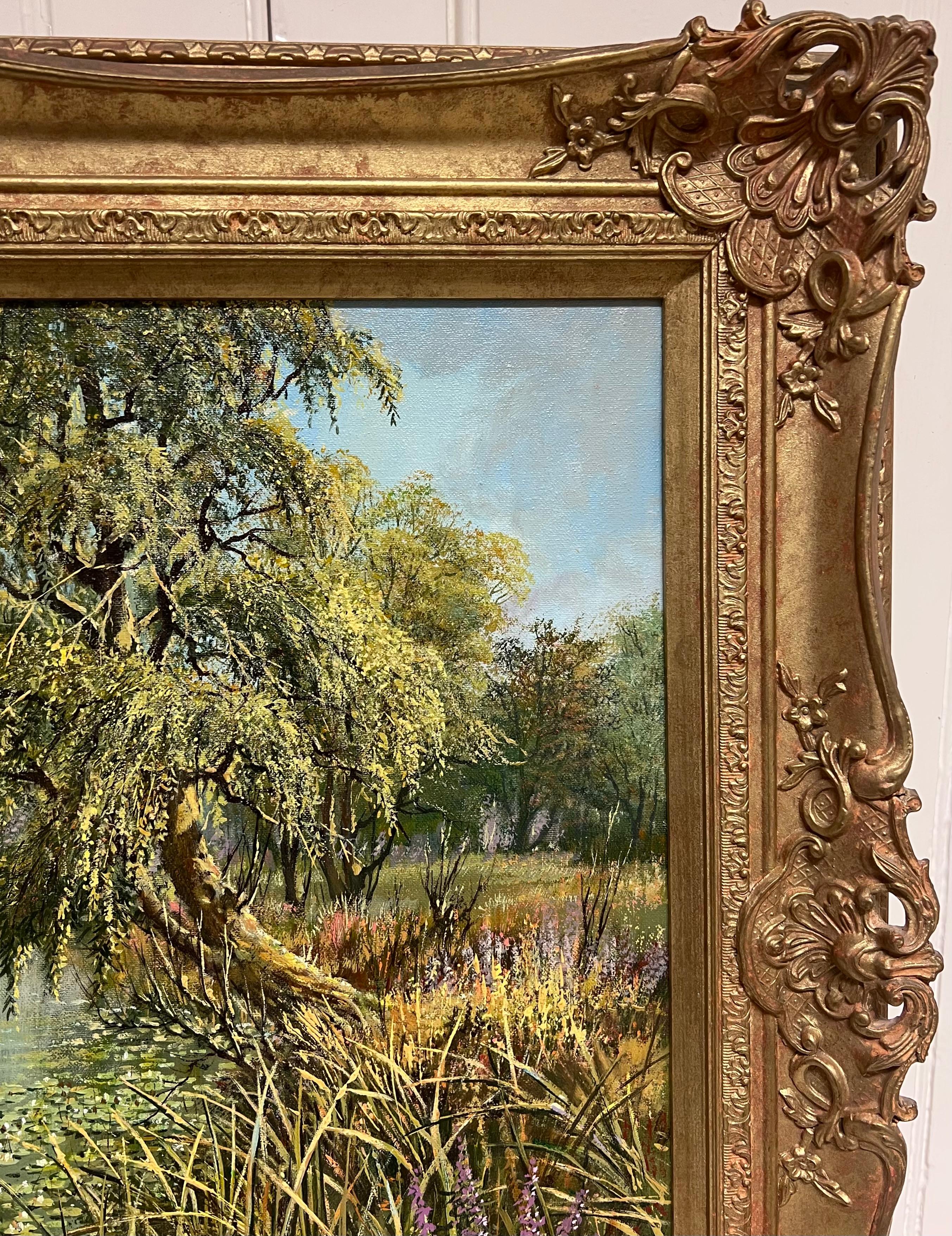 Große traditionelle englische Sommer Flusslandschaft Ölgemälde Schwäne Cygnets im Angebot 3