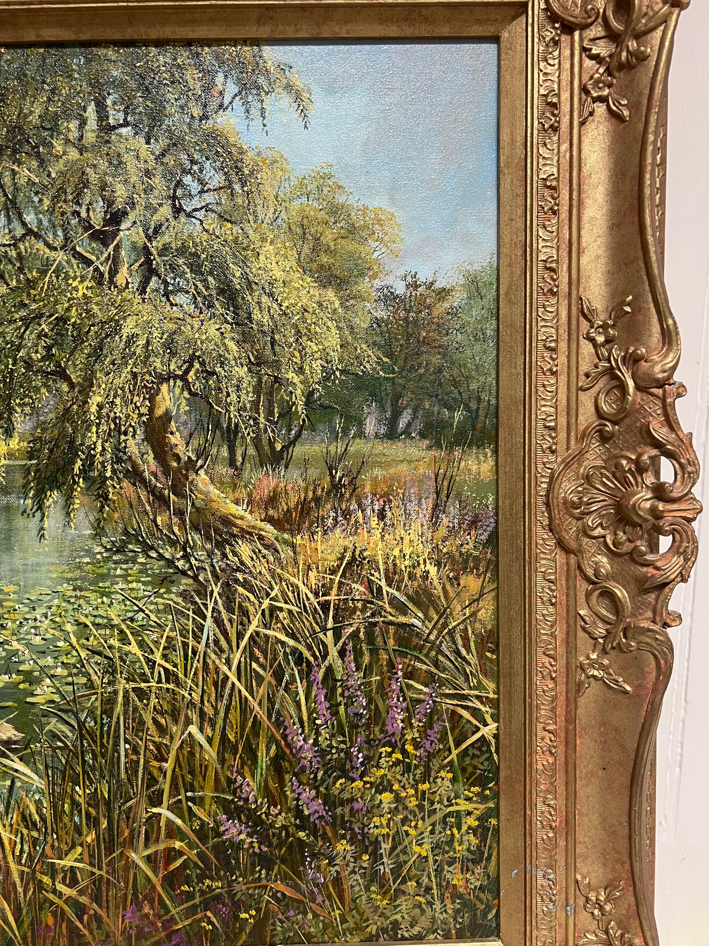 Große traditionelle englische Sommer Flusslandschaft Ölgemälde Schwäne Cygnets im Angebot 4