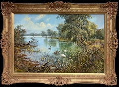 Große traditionelle englische Sommer Flusslandschaft Ölgemälde Schwäne Cygnets