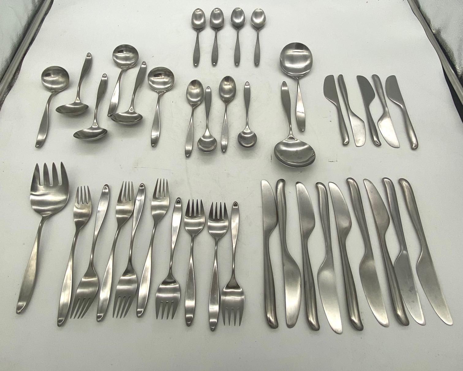 Don Wallance for Lauffer design 2 stainless flatware set of 40. One of the most popular mid-century patterns, Lauffer Design 2 retains the crown for beautiful design, functionality, and strong utility in stainless flatware. These are a true vintage