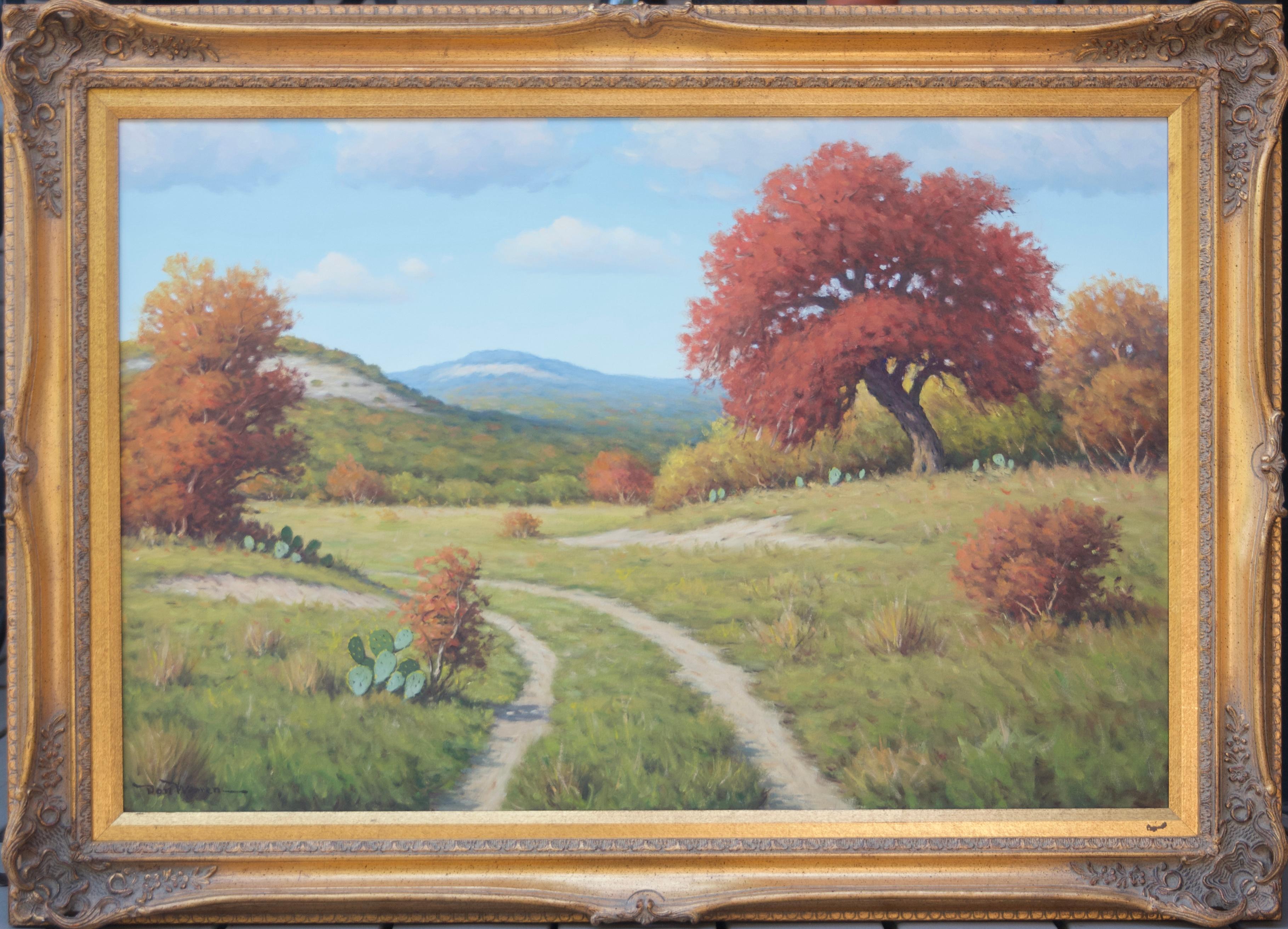 Paisaje rural en la colina - Árboles otoñales y surcos de ruedas - Painting de Don Warren