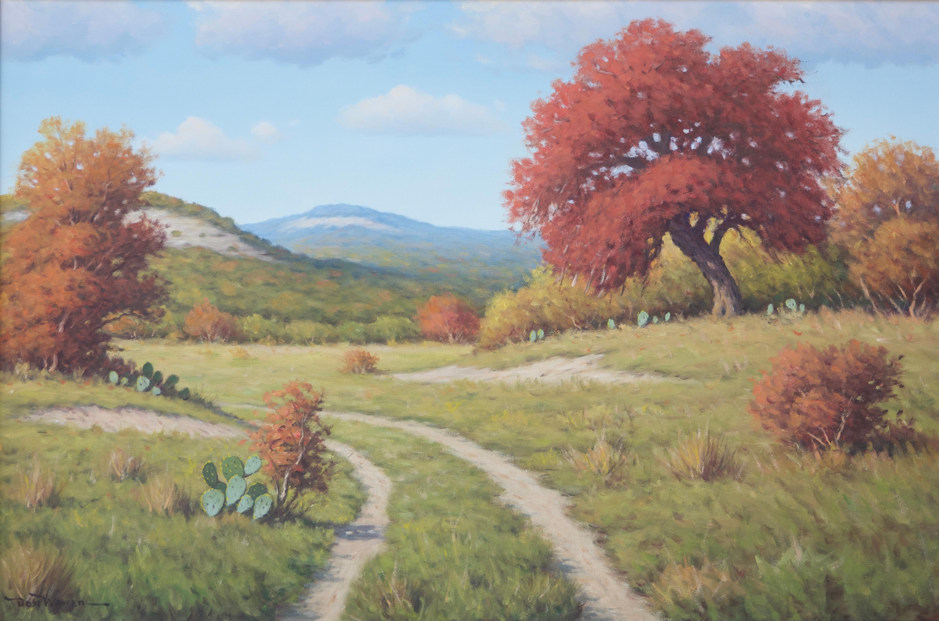 Don Warren Landscape Painting - Hill Country Landscape - Autumn Trees and Wheel Ruts