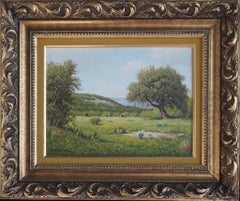 "Texas Hill Country Landscape With Cattle" oil painting of wildflowers, cactus