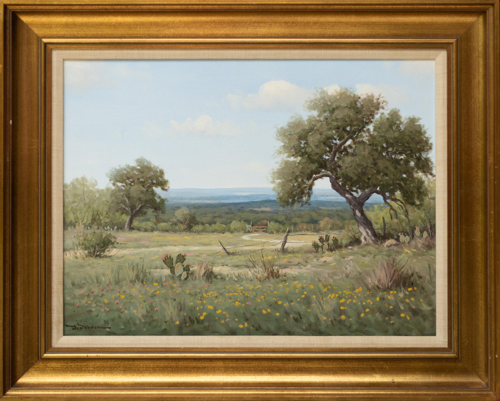 Texas Hill Country Landscape with Wildflowers and Red Gate - Painting by Don Warren