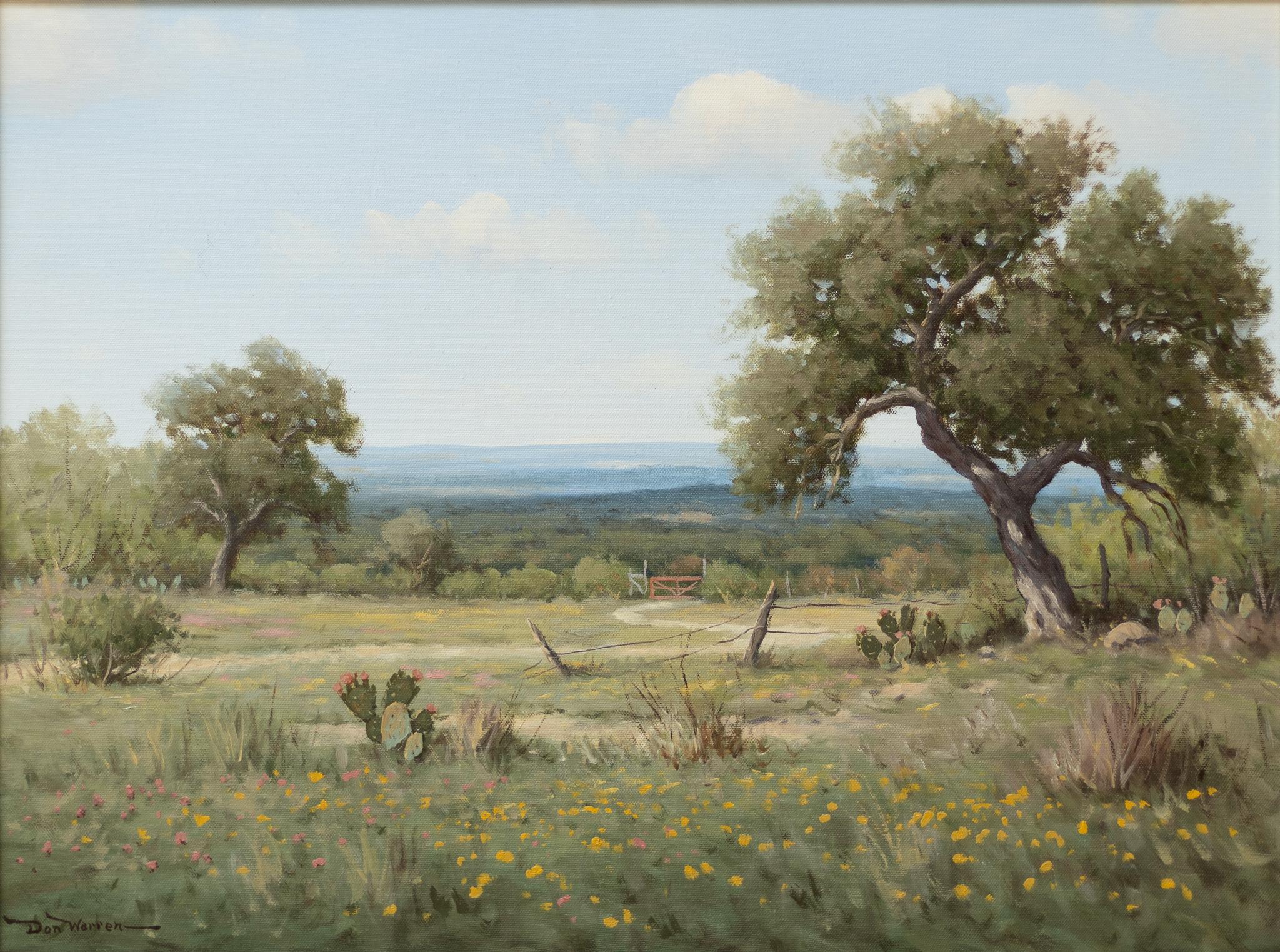 Don Warren Landscape Painting - Texas Hill Country Landscape with Wildflowers and Red Gate