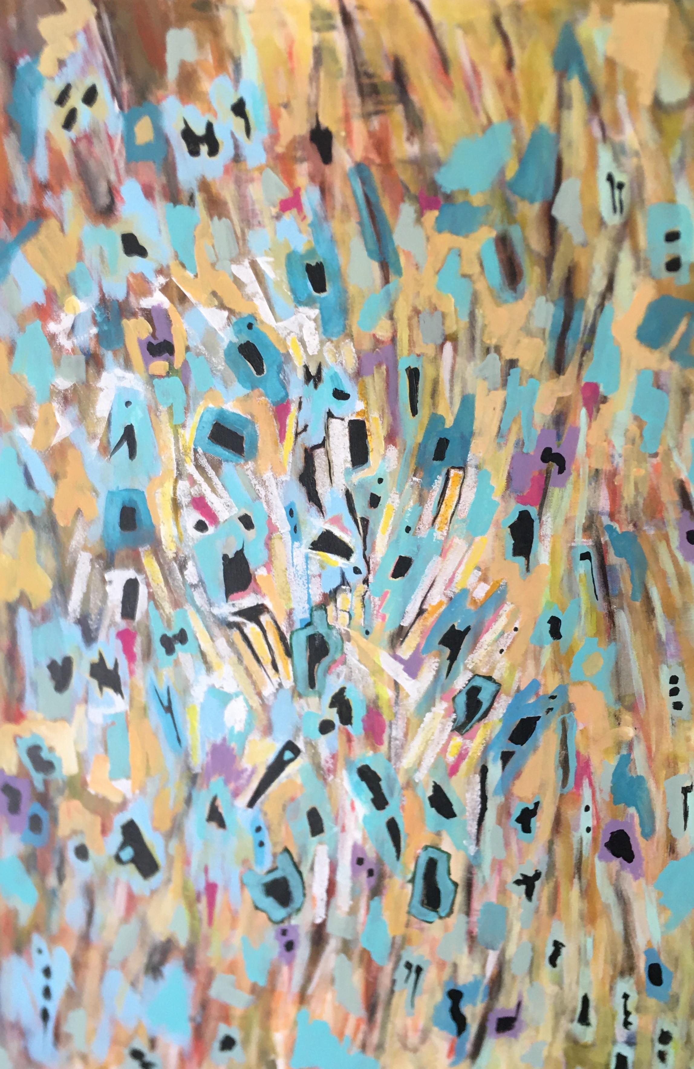 Artist Commentary:
This painting on canvas was a break from the more minimalist paintings on paper I had been doing during covid. A lighter palette with recurring forms like the lilt of a song.

Keywords: abstract, colorful, nature abstract, music,
