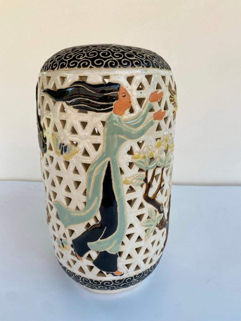 This beautiful 1940's ceramic Lantern with Vietnamese musicians, birds and flowers is made by Dona Ceramic Art Studio, Saigon Vietnam. 
Hand made Vintage Art Pottery from the 40s. Marked on Bottom with Blue Paint 