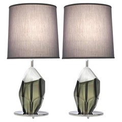 Donà Contemporary Italian PAIR Faceted Solid Rock Smoked Murano Glass Lamps Donà Contemporary Italian PAIR Faceted Solid Rock Smoked Murano Glass Lamps