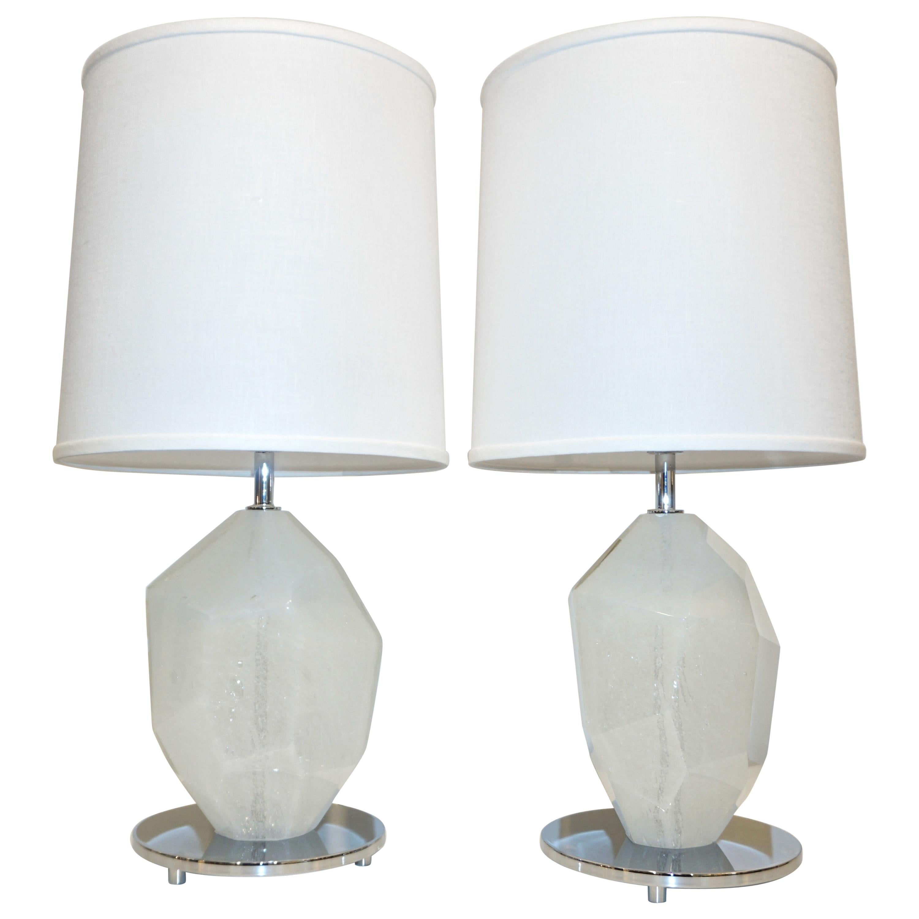 Donà Contemporary Italian Pair of Faceted Solid Rock White Murano Glass Lamps