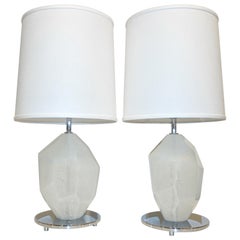 Donà Contemporary Italian Pair of Faceted Solid Rock White Murano Glass Lamps