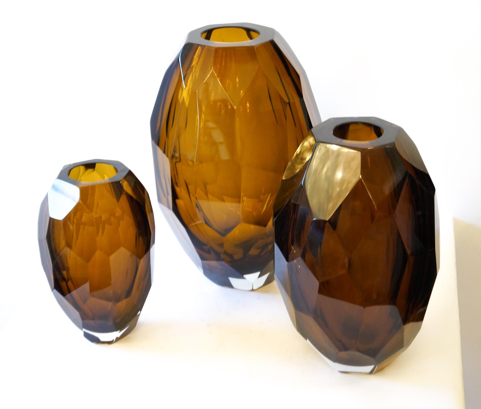 Donà Furnace Mid-Century Modern Amber Molato Drei Vasen aus Murano-Glas, 1998er Jahre (Moderne der Mitte des Jahrhunderts) im Angebot