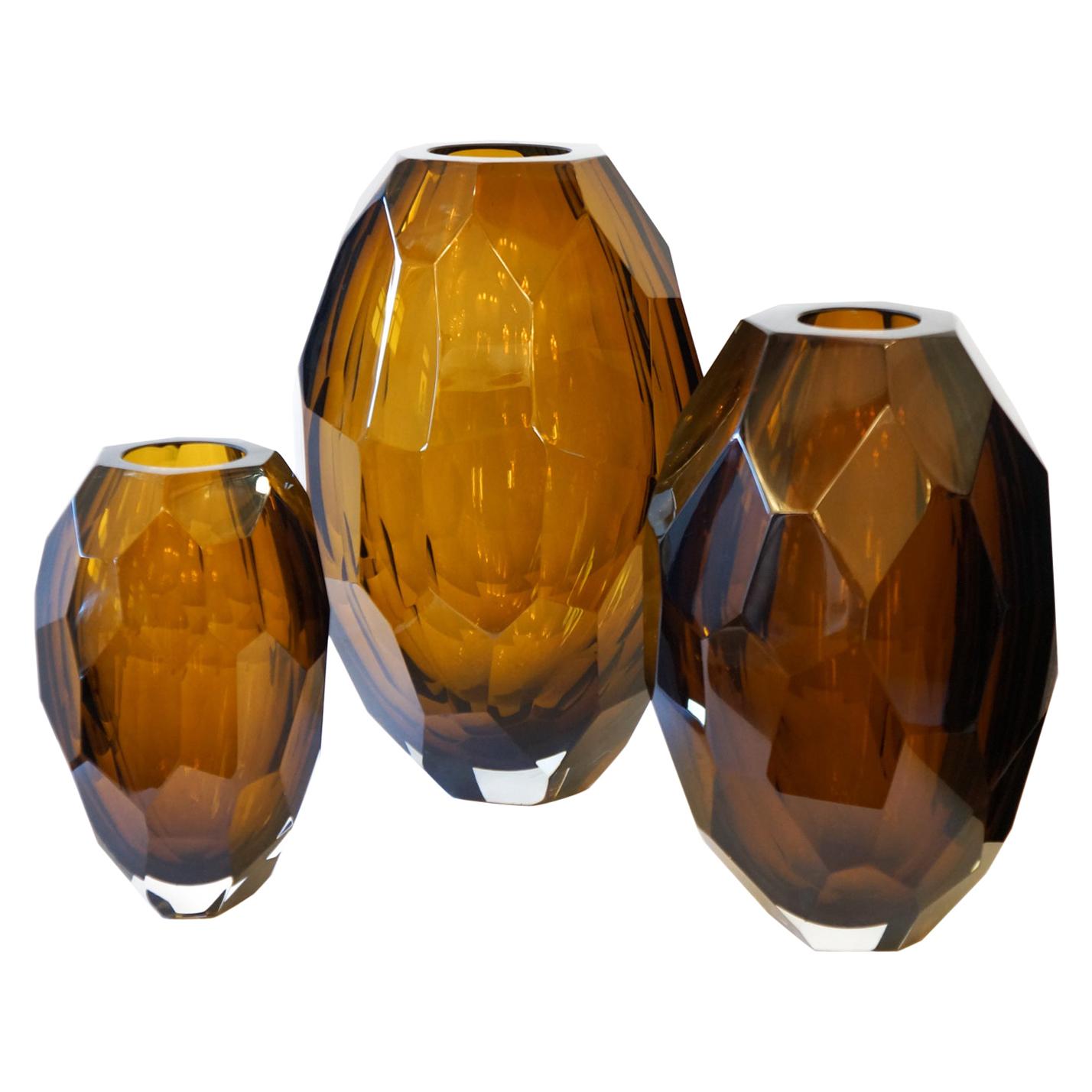 Donà Furnace Mid-Century Modern Amber Molato Three Murano Glass Vases, 1998s