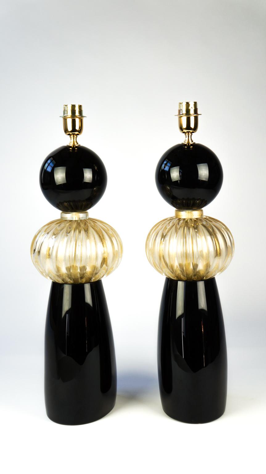 Donà Furnace Mid-Century Modern Black Gold Two of Murano Glass Table Lamps, 1985 For Sale 5