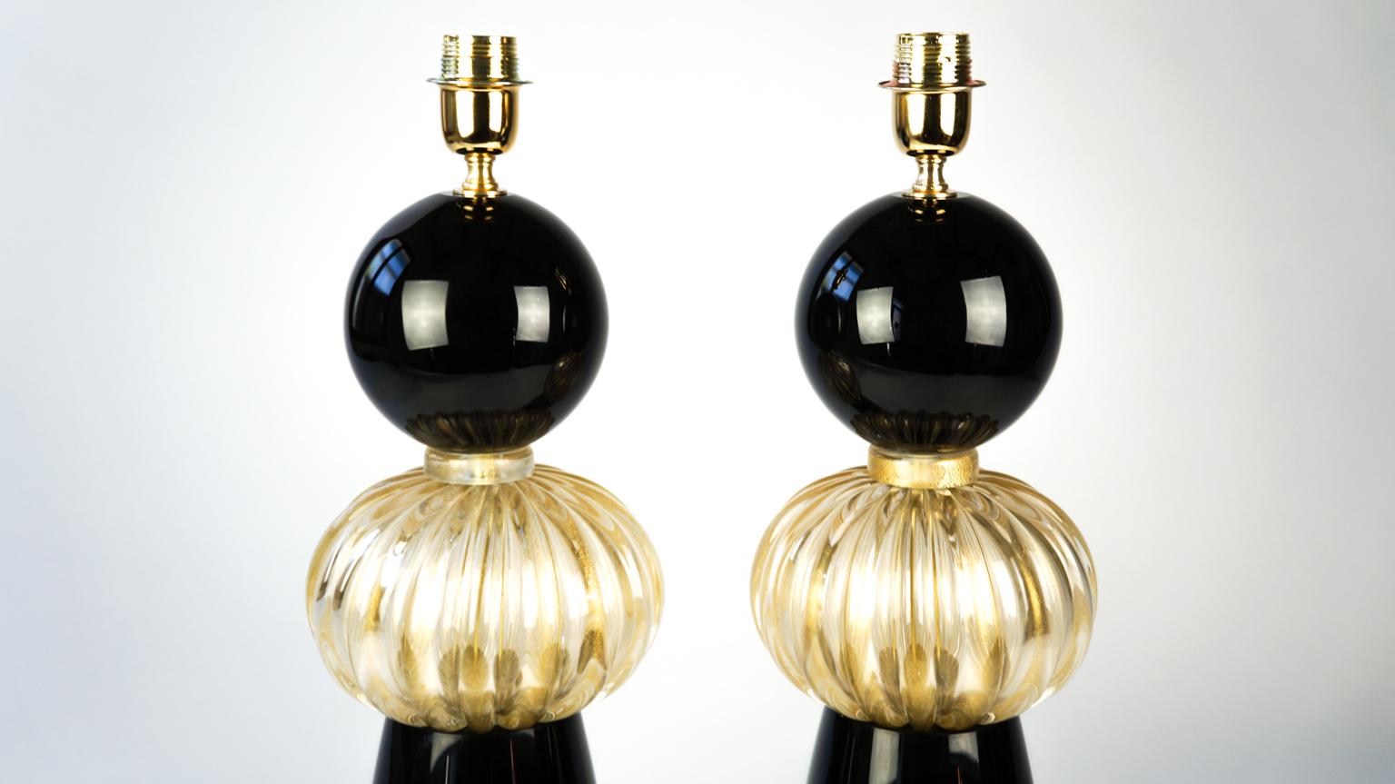 Donà Furnace Mid-Century Modern Black Gold Two of Murano Glass Table Lamps, 1985 For Sale 6
