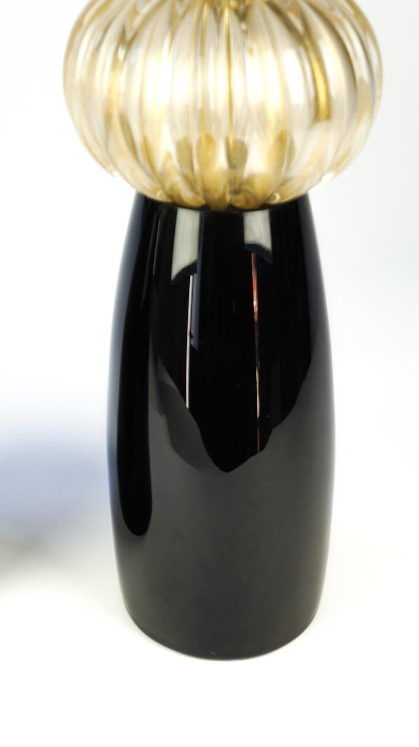 Donà Furnace Mid-Century Modern Black Gold Two of Murano Glass Table Lamps, 1985 For Sale 7