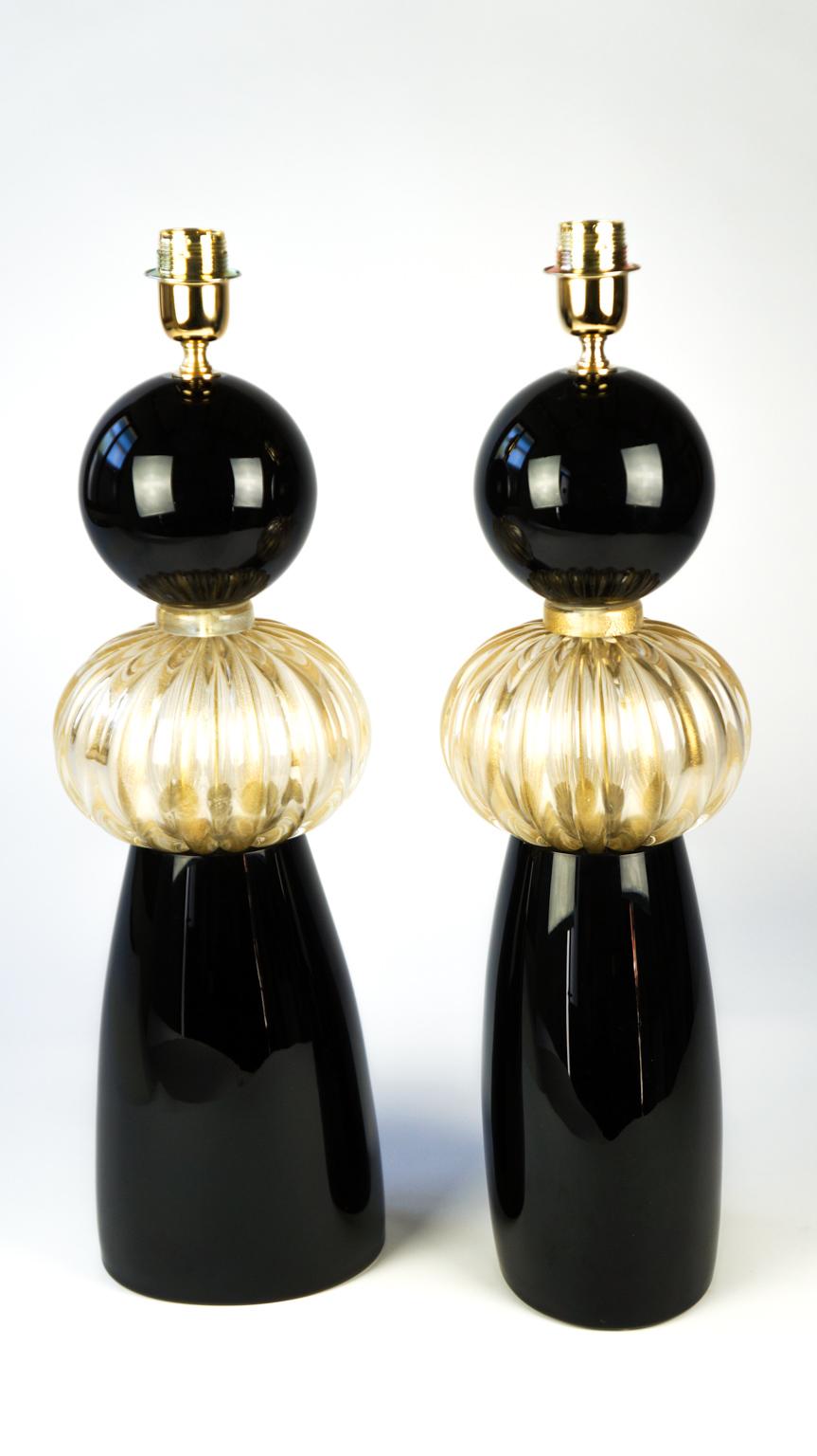 Donà Furnace Mid-Century Modern Black Gold Two of Murano Glass Table Lamps, 1985 For Sale 8