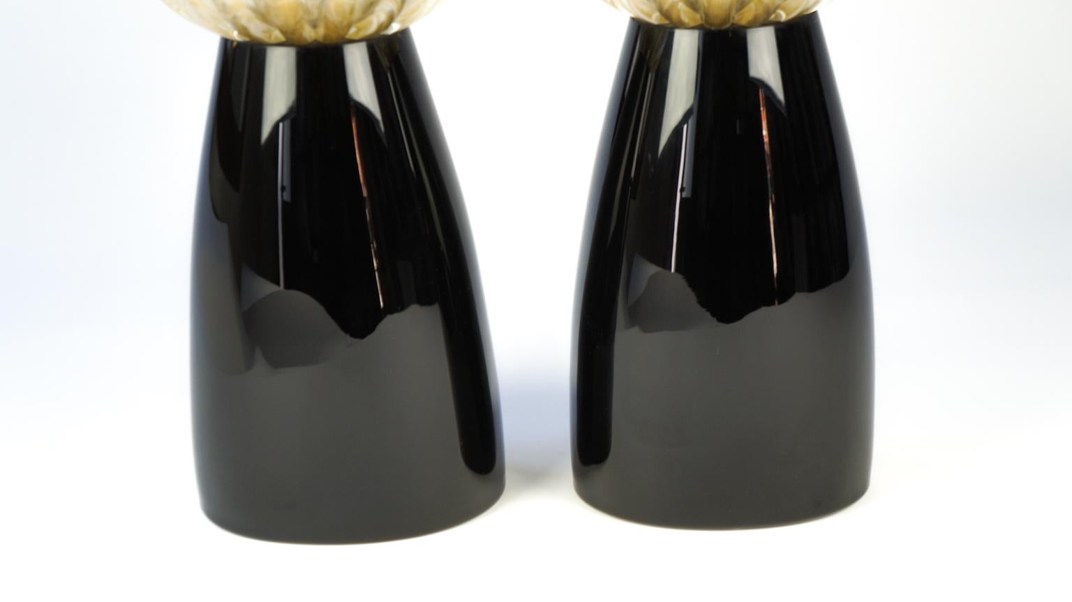 Donà Furnace Mid-Century Modern Black Gold Two of Murano Glass Table Lamps, 1985 For Sale 12