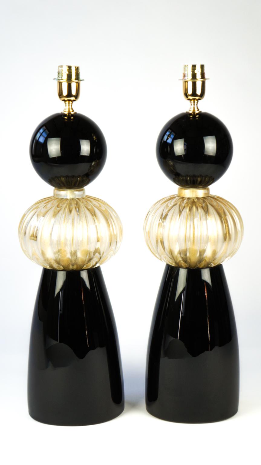 Donà Furnace Mid-Century Modern Black Gold Two of Murano Glass Table Lamps, 1985 For Sale 13