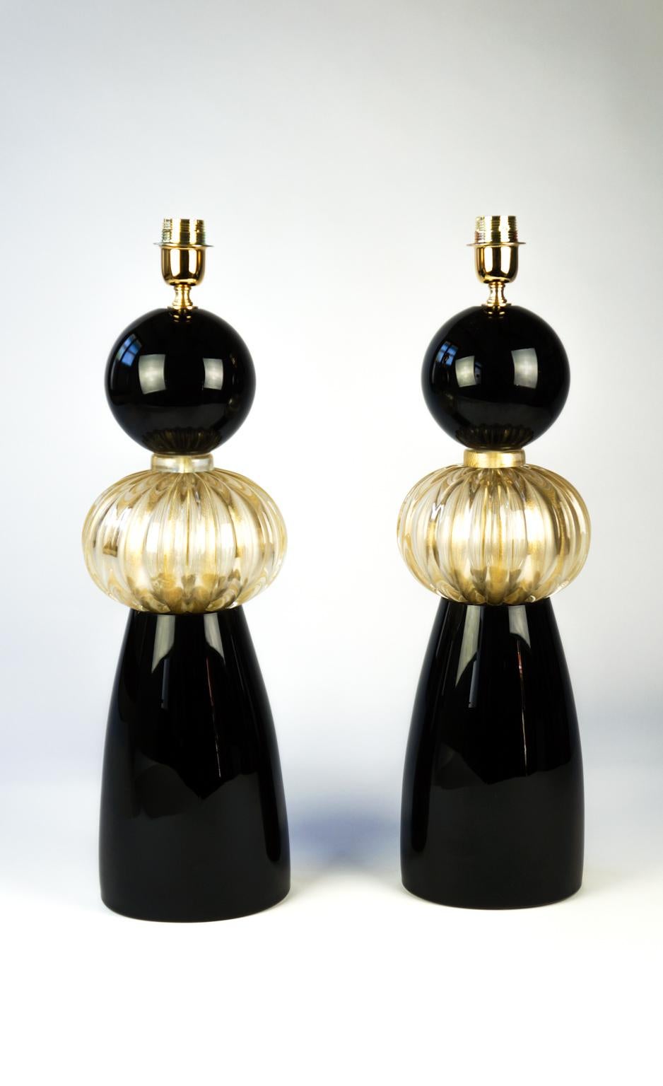 Donà Furnace Mid-Century Modern Black Gold Two of Murano Glass Table Lamps, 1985 For Sale 14
