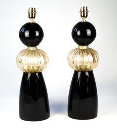 Donà Furnace Mid-Century Modern Black Gold Two of Murano Glass Table Lamps, 1985