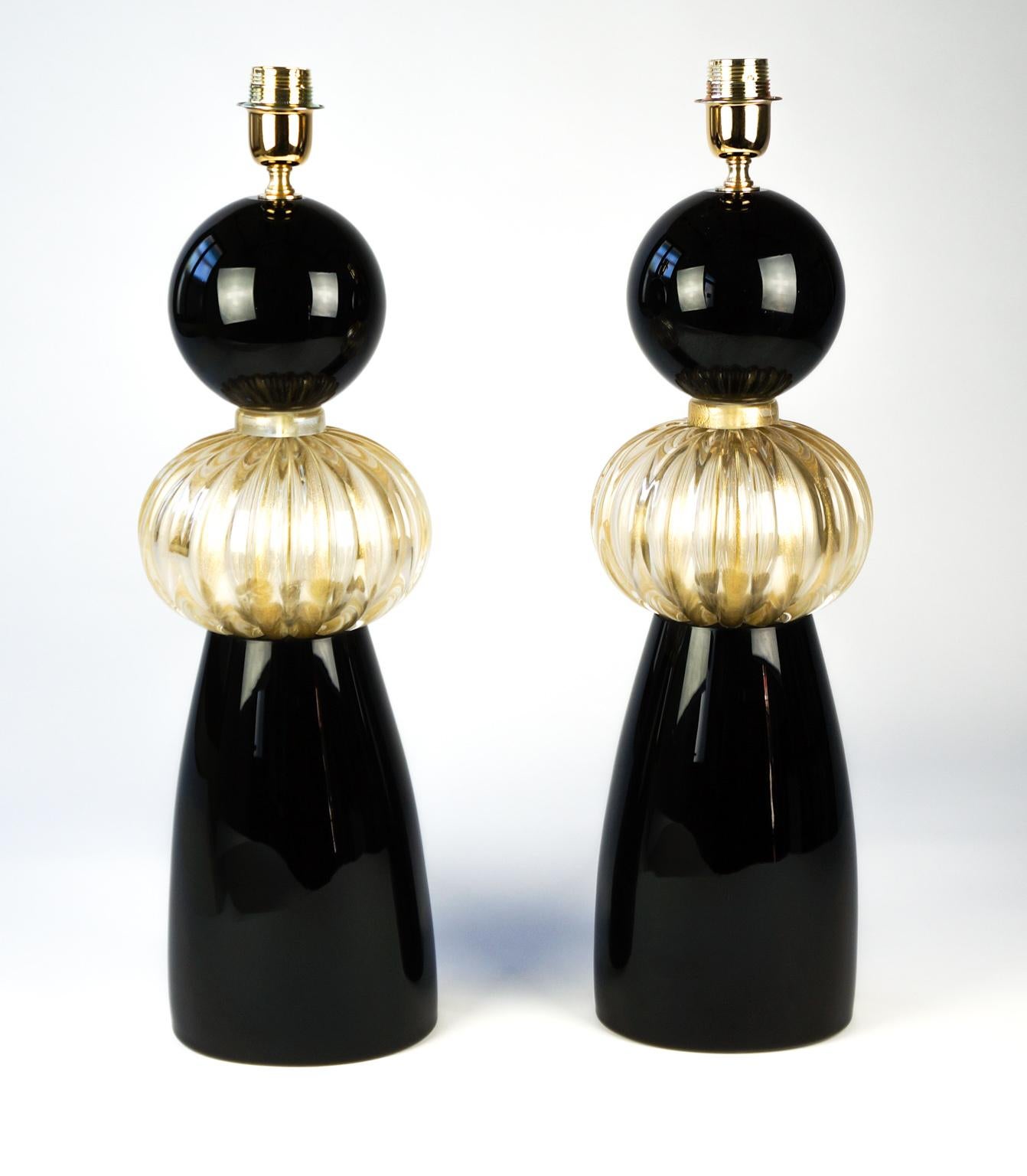 Donà Furnace Mid-Century Modern Black Gold Two of Murano Glass Table Lamps, 1985 For Sale 15